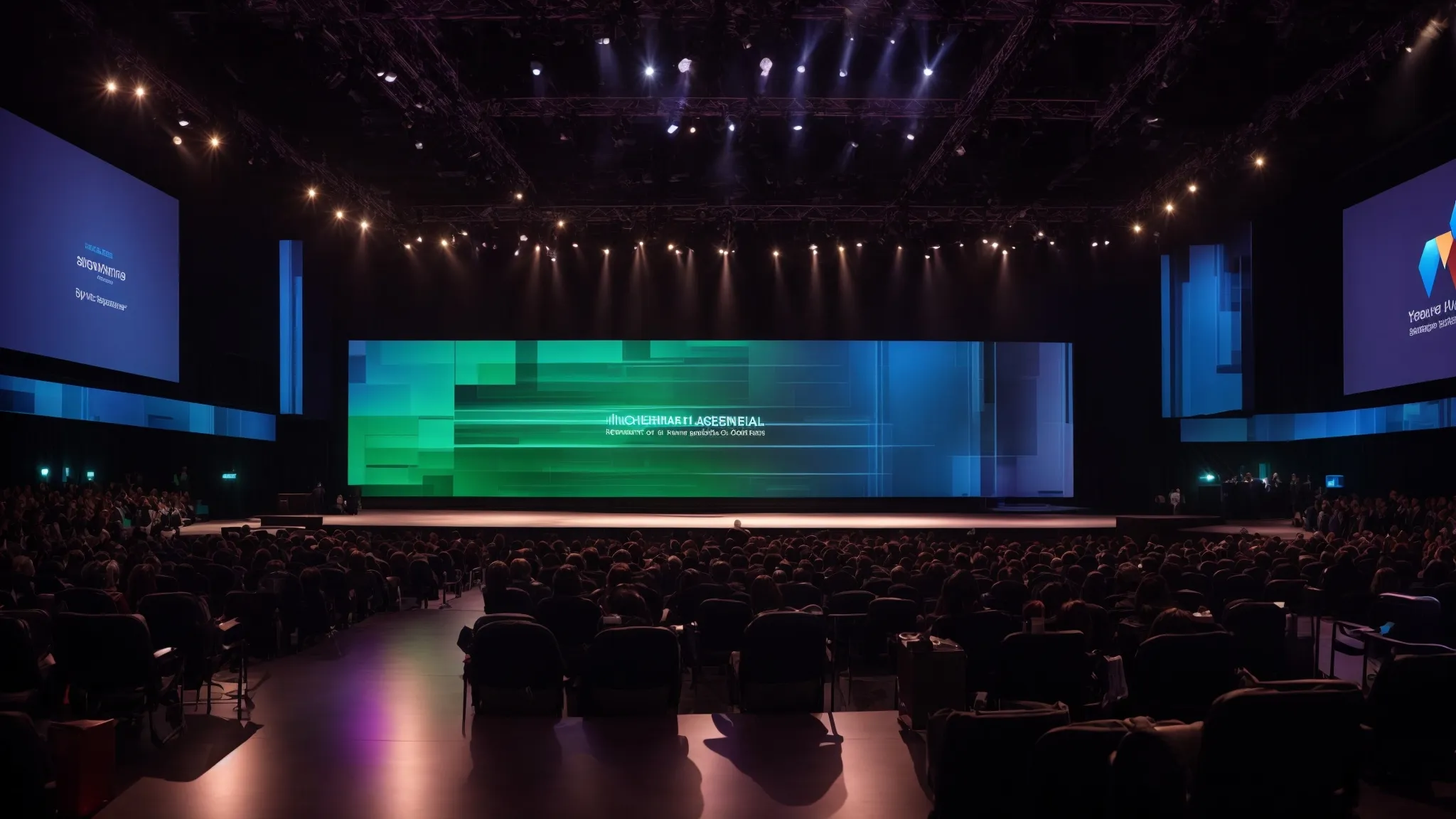 a spacious conference hall illuminated by a large, vivid led screen showcasing dynamic graphics above a stage set for a corporate presentation.