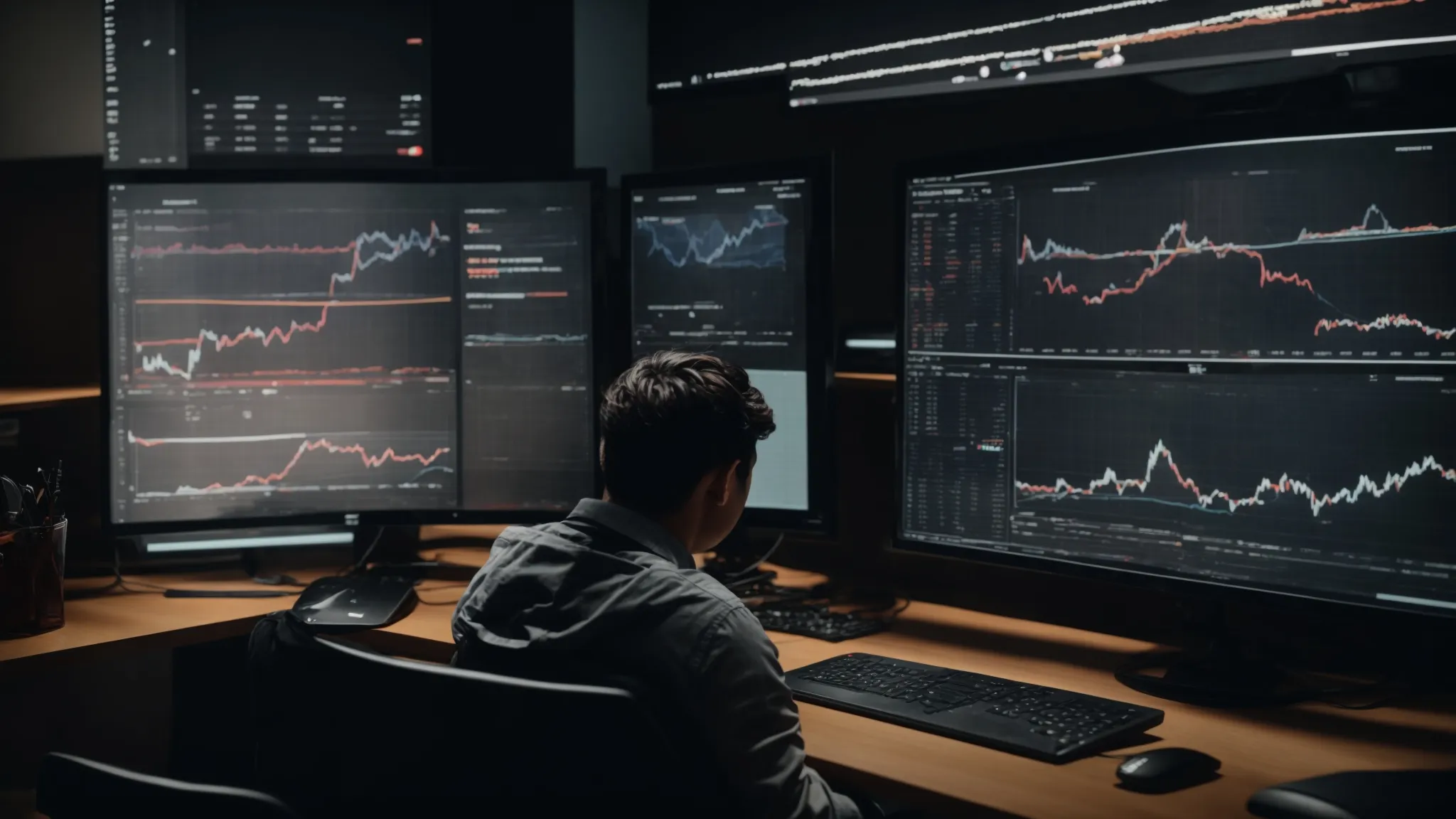 a person sitting in front of a computer, analyzing charts and graphs on the screen displaying website traffic metrics.