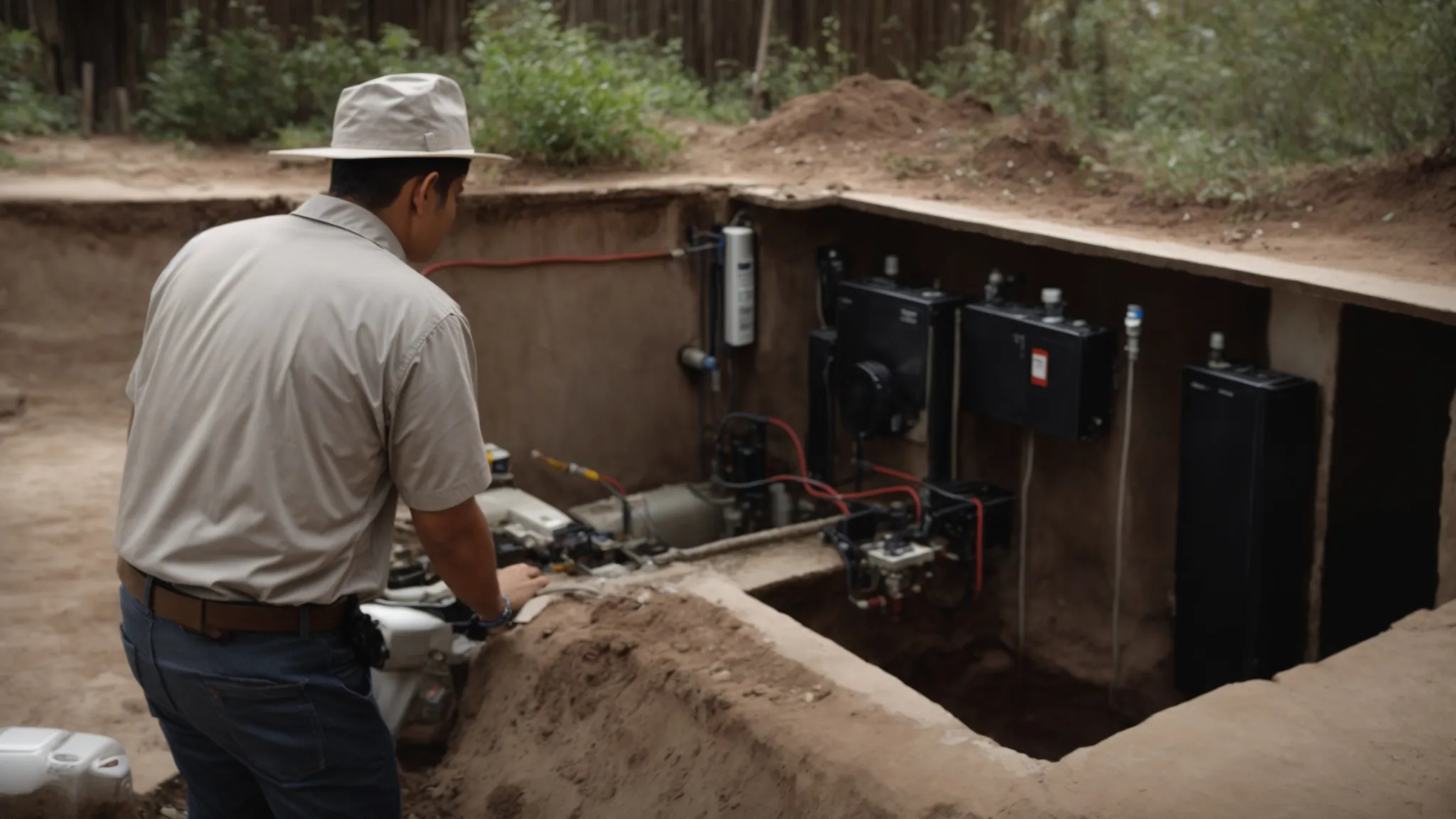 a homeowner stands beside an open sump pit, inspecting a well-maintained battery backup system.