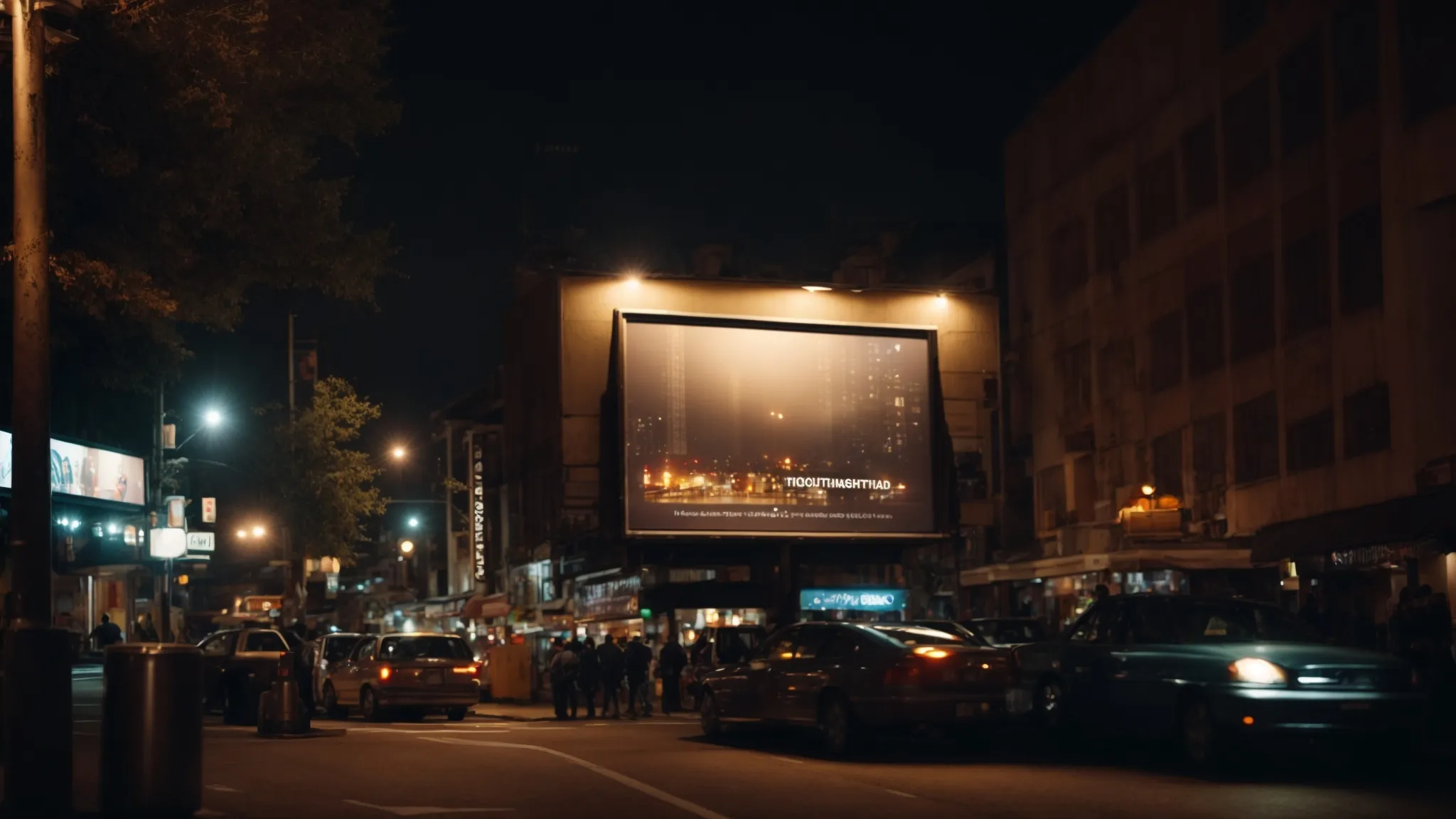 a spotlight illuminating a billboard at night on a bustling city street.