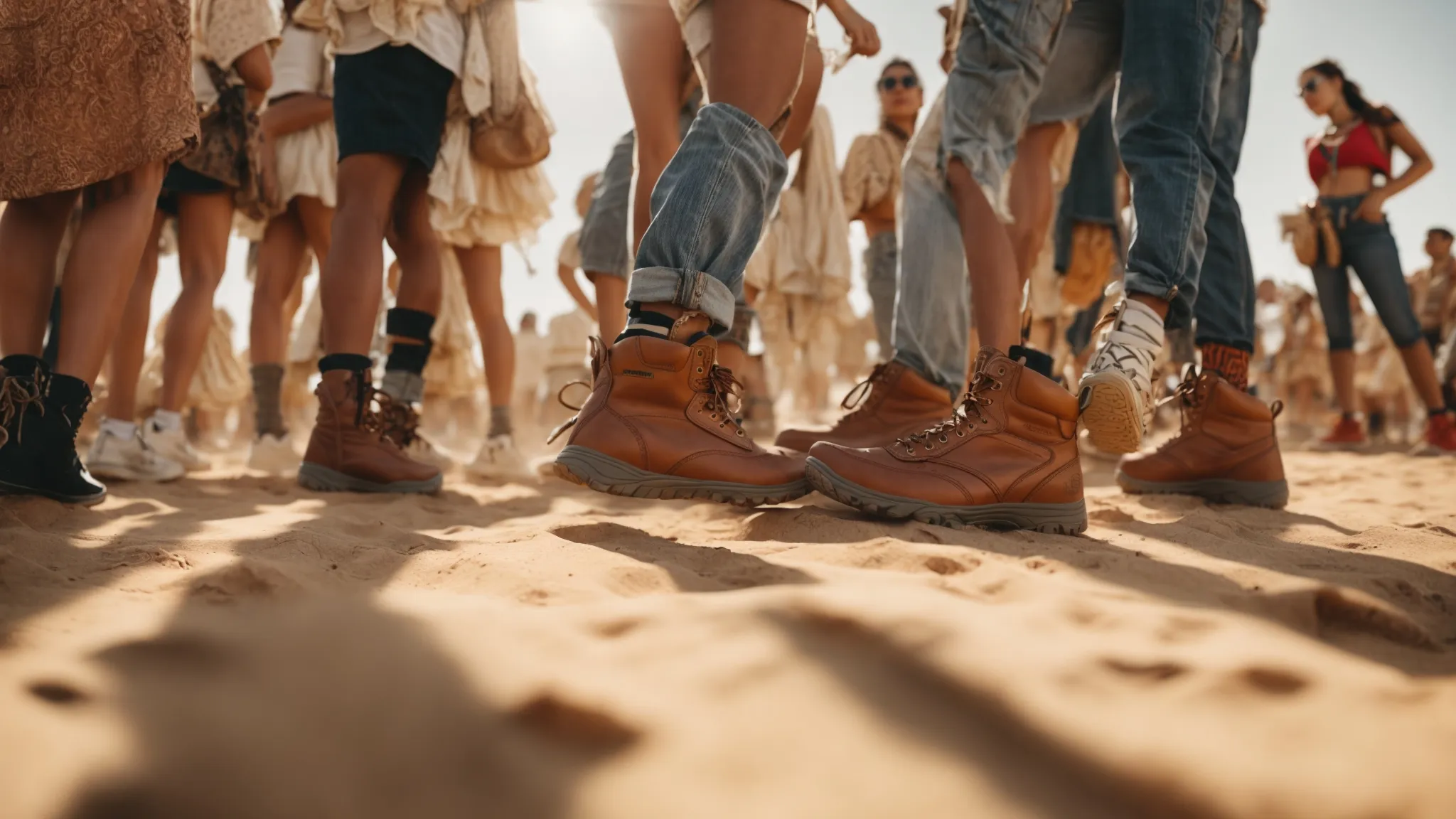 a vibrant crowd of festival-goers dances under the desert sun, showcasing an eclectic mix of uniquely styled sneakers and boots.