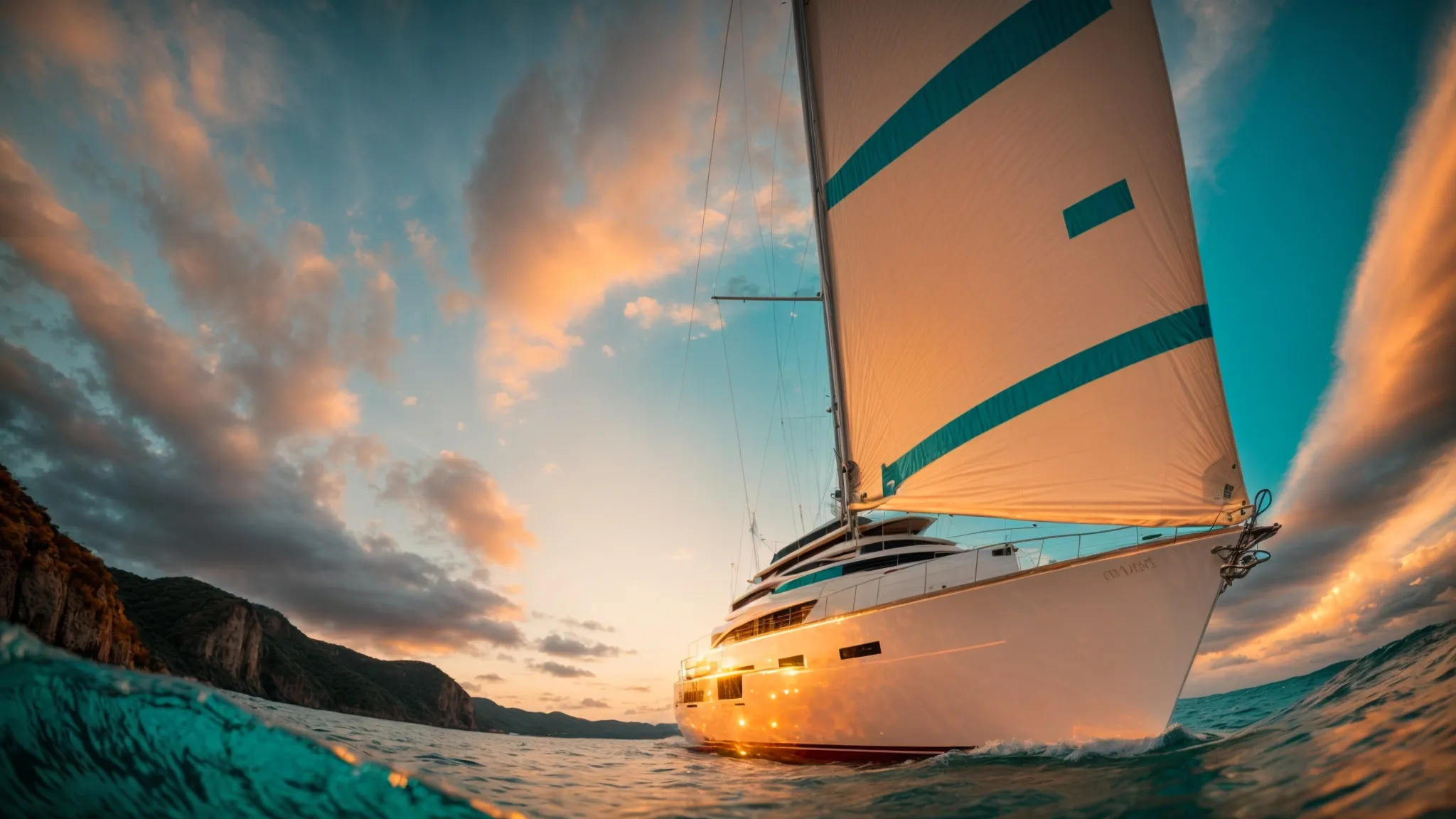 a luxurious yacht sails towards a vibrant sunset over turquoise waters, hinting at the beginning of an exclusive adventure.