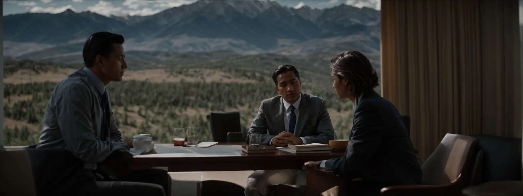 a lawyer and a couple sit at a table, discussing documents with a view of the colorado mountains in the background.