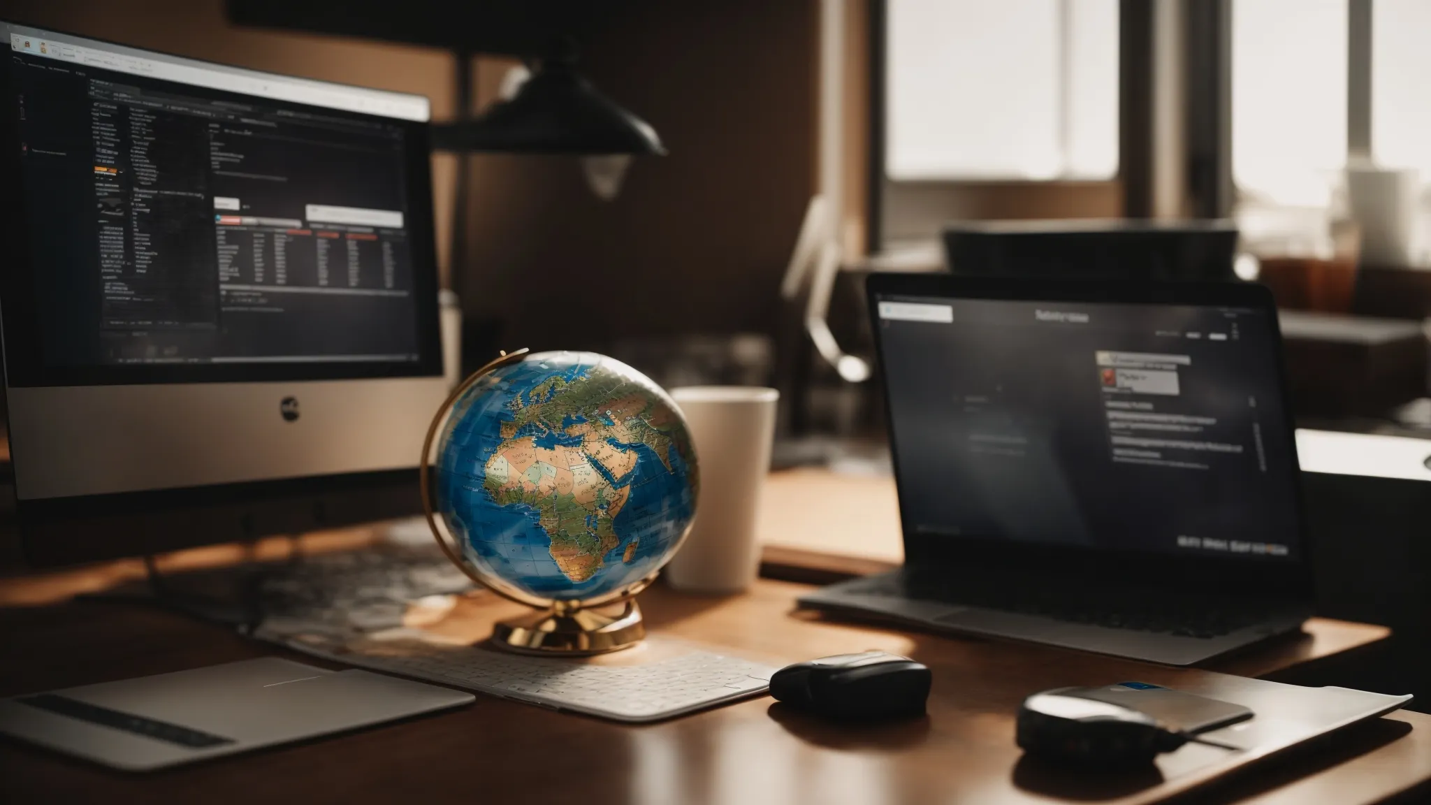 a globe beside a laptop on a desk, illuminating possibilities in global job searching.