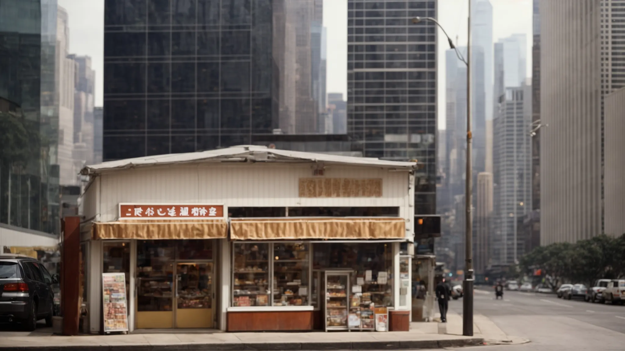 a small local shop stands nestled between towering corporate skyscrapers, illustrating the contrast in business scales.