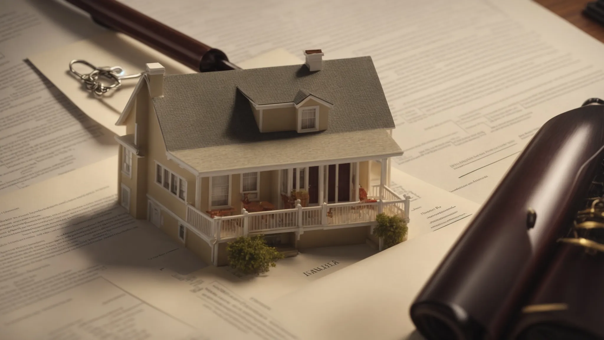 Create an image of a family home in Florida surrounded by legal documents, keys, and a sold sign, symbolizing the process of unlocking the value of an inherited house through the probate process.