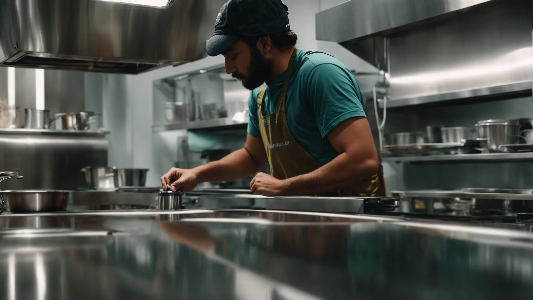 a person is polishing the shiny stainless steel exterior of a kitchen hood, reflecting the bright kitchen lights.