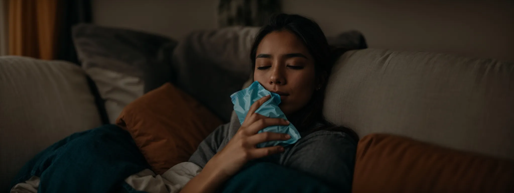 a person gently presses an ice pack to their cheek while resting on a couch.