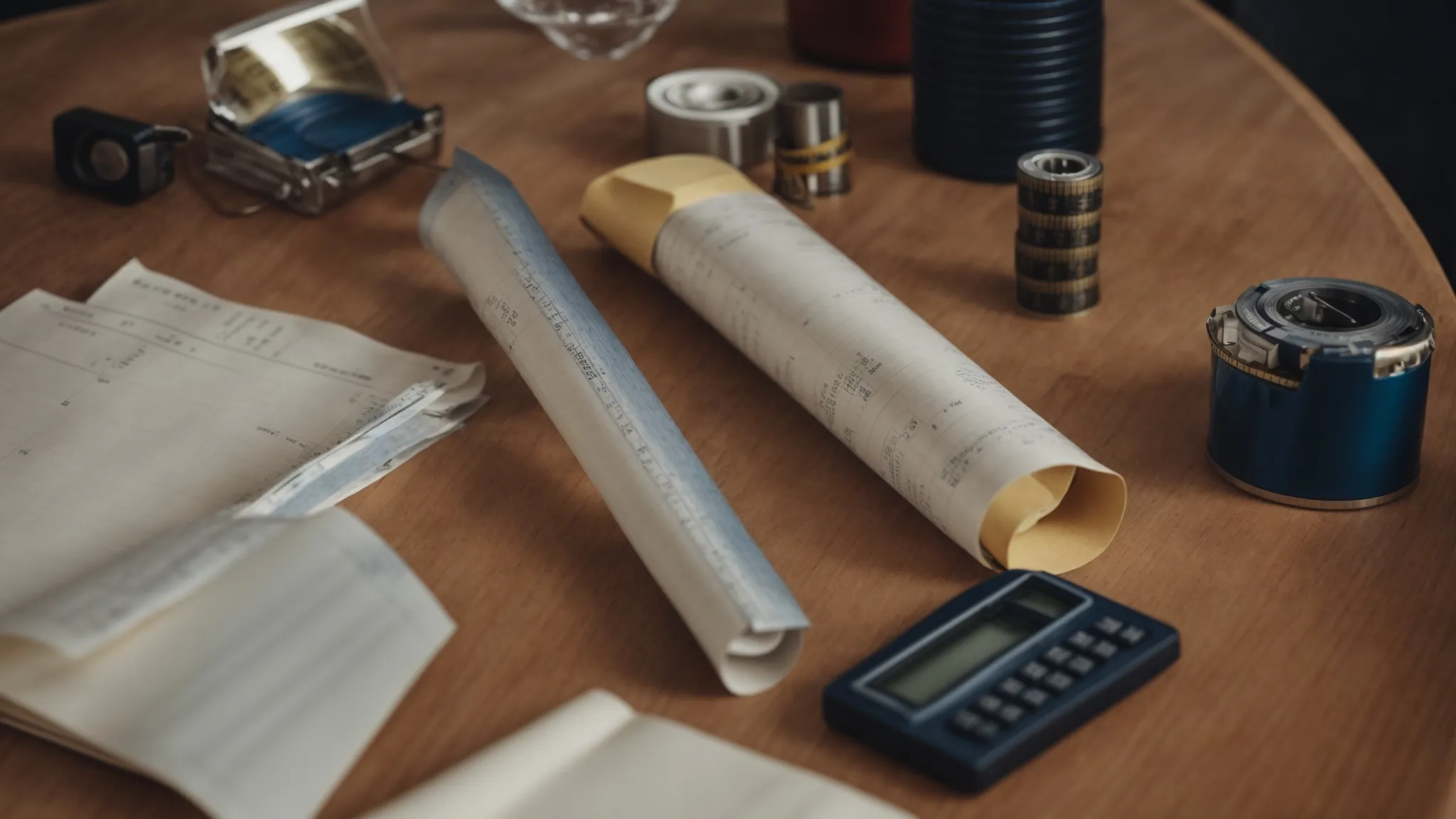 a rolled-up blueprint sitting beside a calculator and a piggy bank on a polished wooden table, with a tape measure partially unfurled next to them.