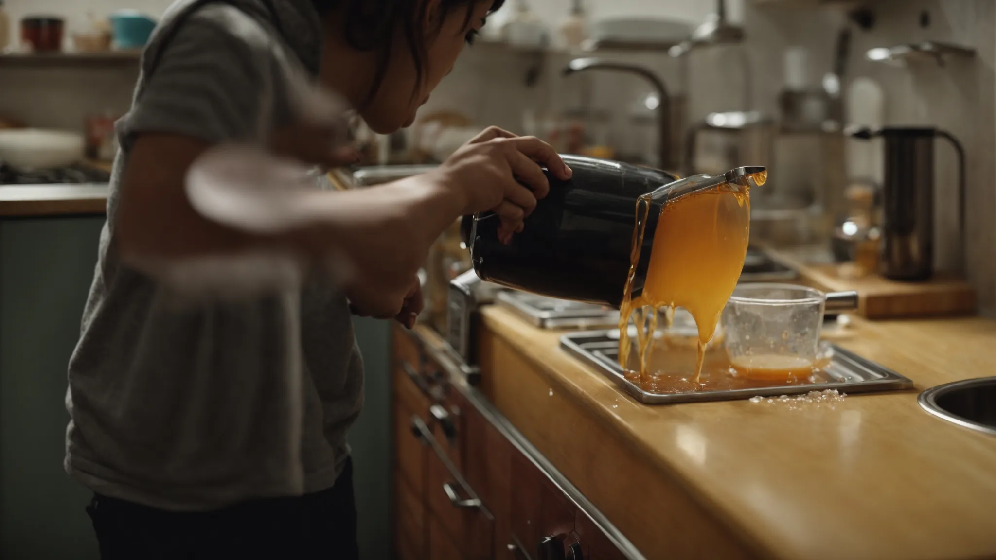 a kitchen scene where a person pours a homemade liquid solution onto a greasy stove.