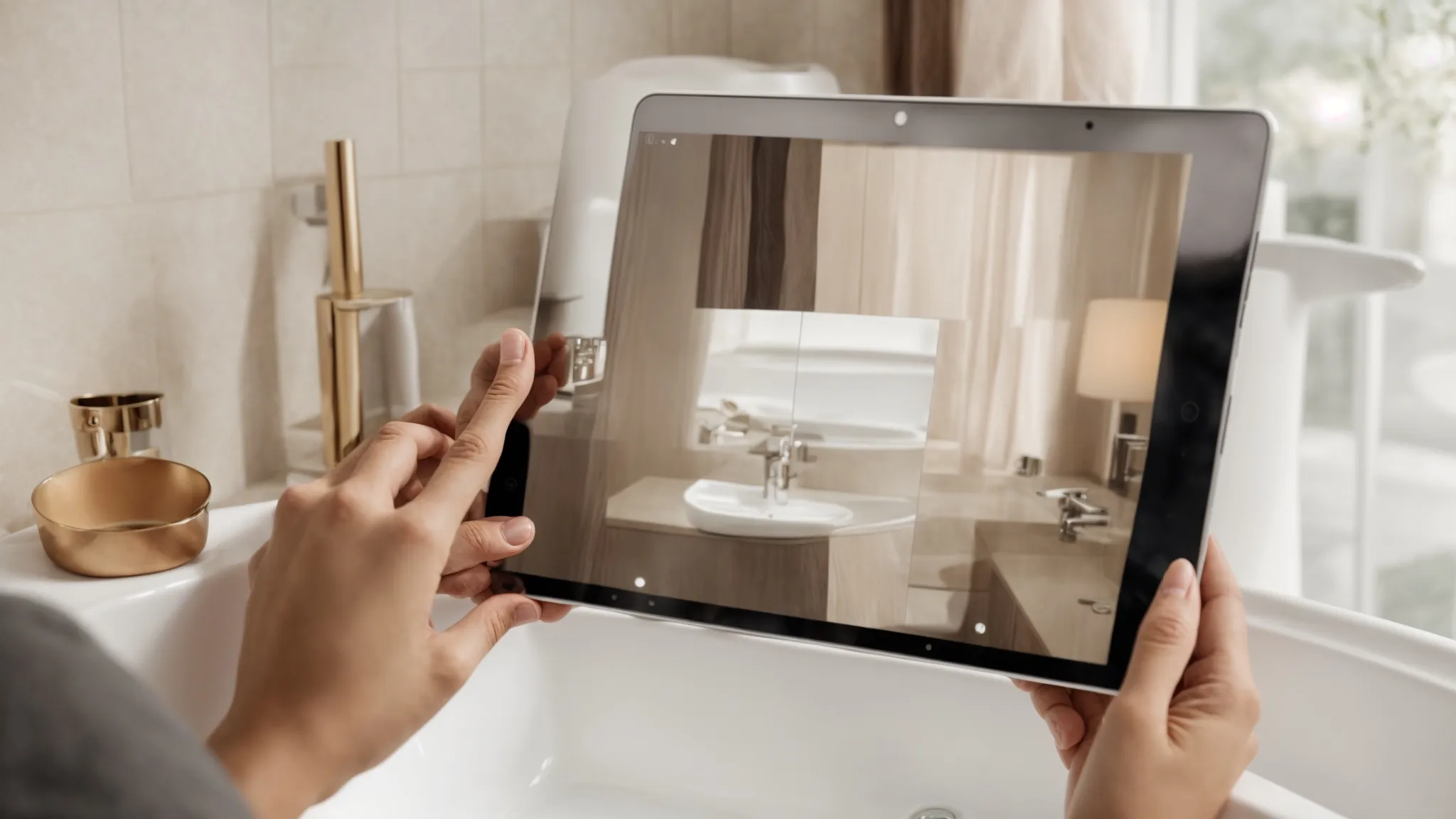 a person browses through a portfolio of elegant bathroom designs on a tablet in a brightly lit room.