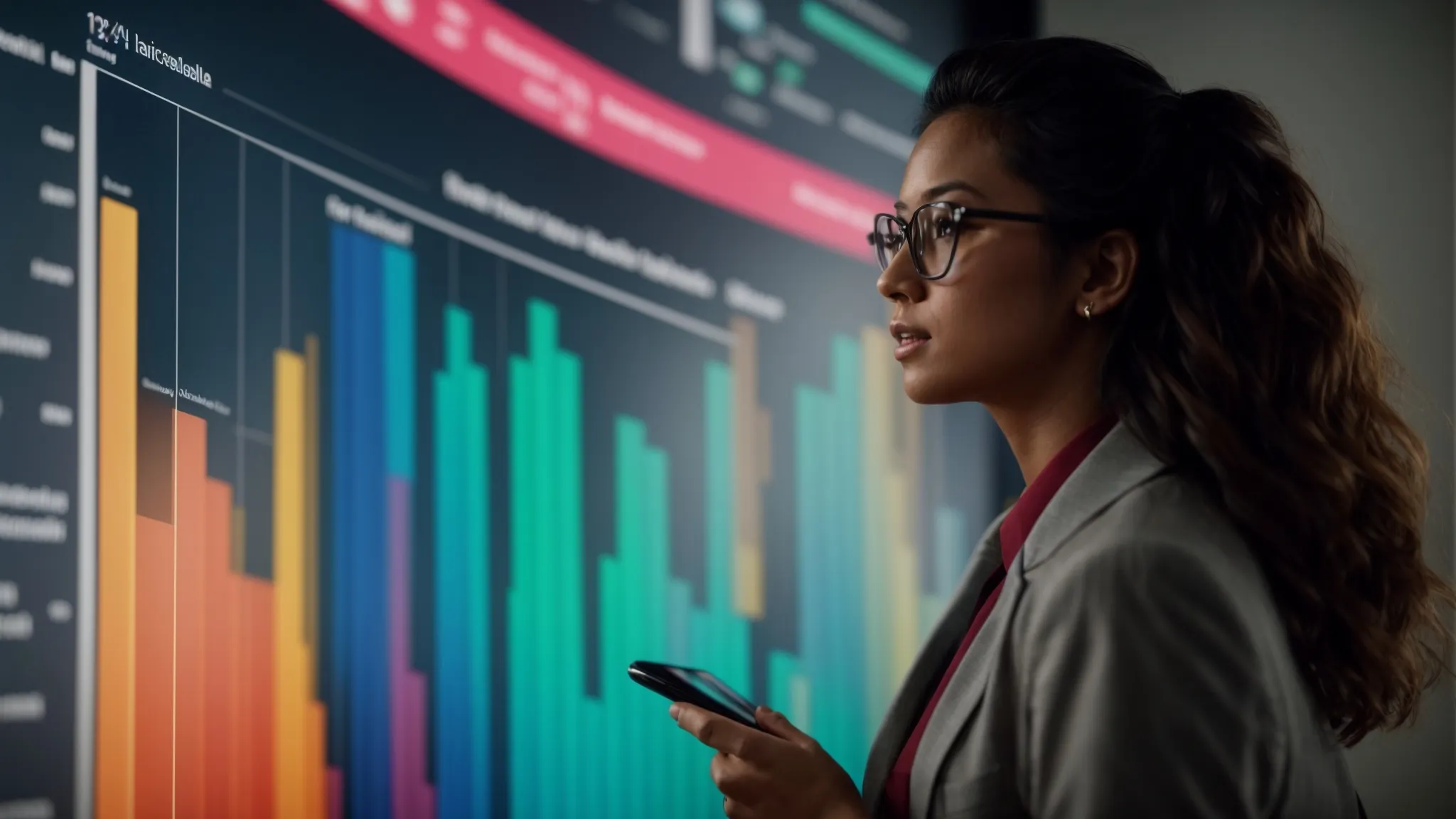 a marketing professional stands before a large digital screen displaying colorful graphs and survey results.