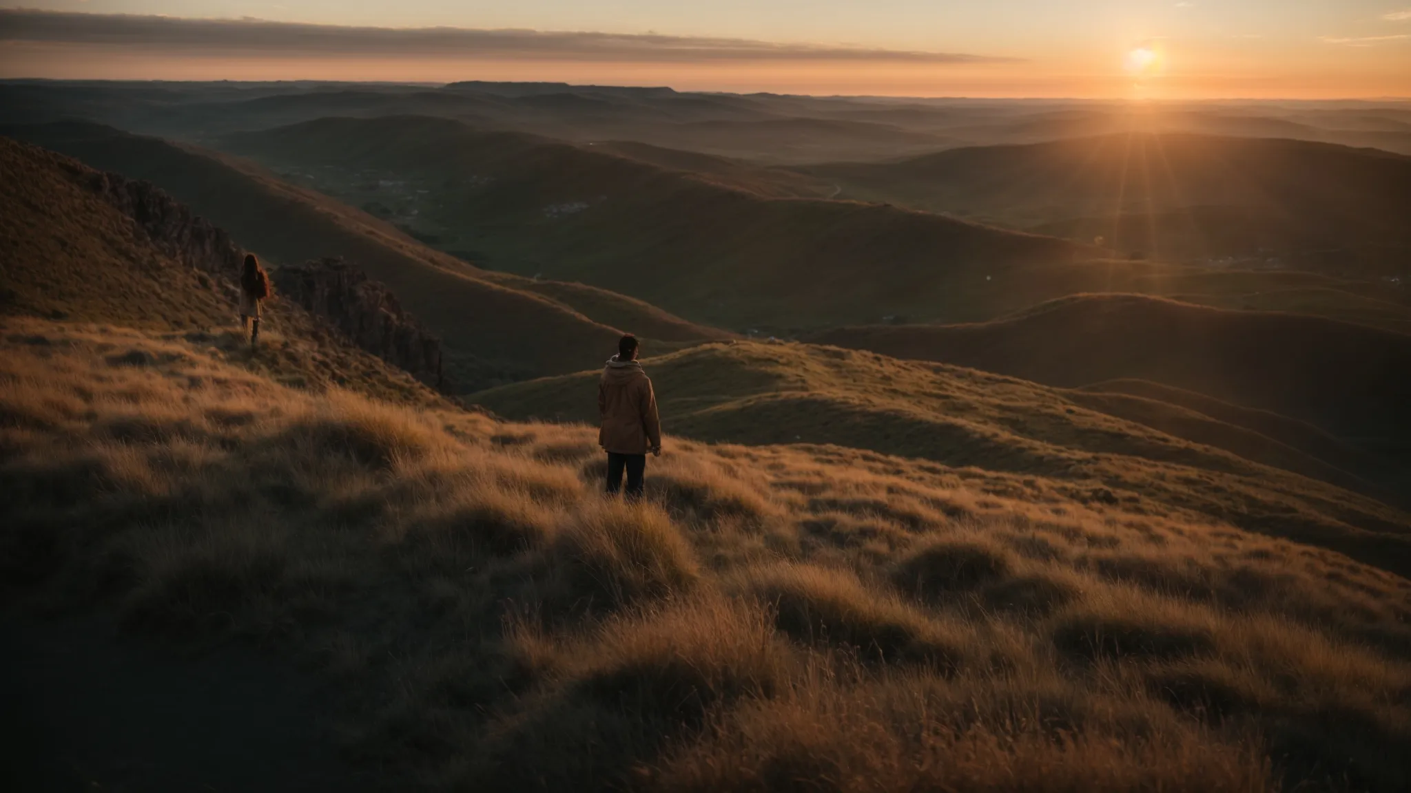 a person stands on a cliff at sunset, gazing out at a vast network of interconnected pathways that stretch as far as the eye can see.