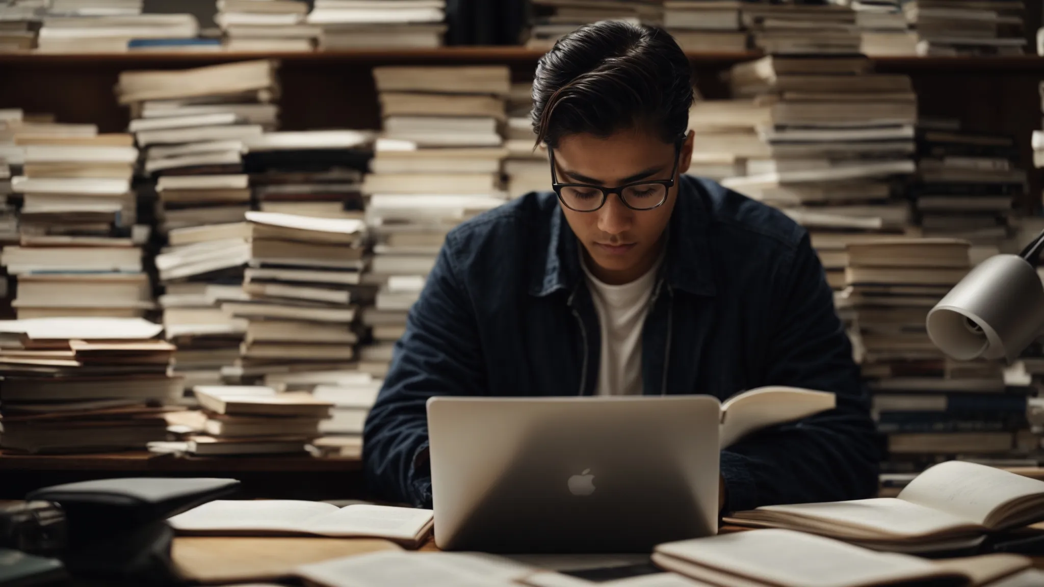 a person sitting at a desk with a laptop open, deep in concentration and surrounded by books and notes.