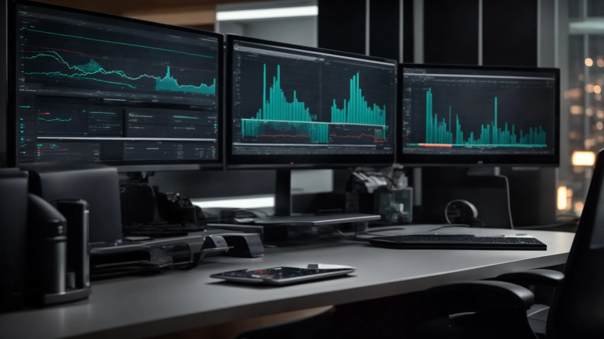 a sleek, modern workspace with dual monitors displaying dynamic charts and a dashboard of analytics.