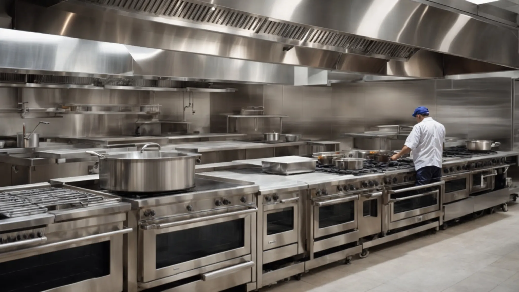 a commercial kitchen showing a professional cleaning the large stainless steel hood over the stoves.