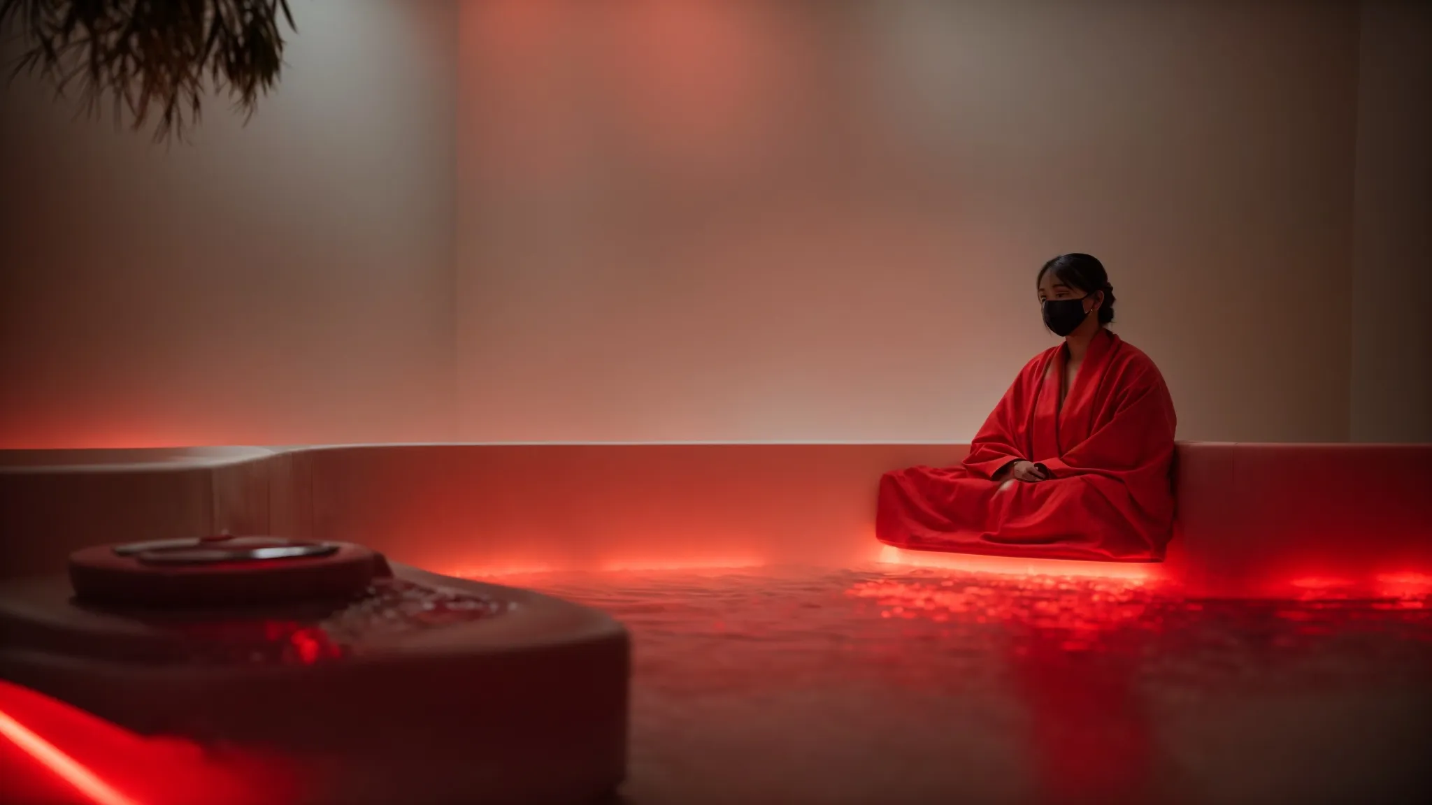 a serene spa environment with a person calmly seated, wearing a red light therapy mask, enveloped in a soft, glowing ambiance.