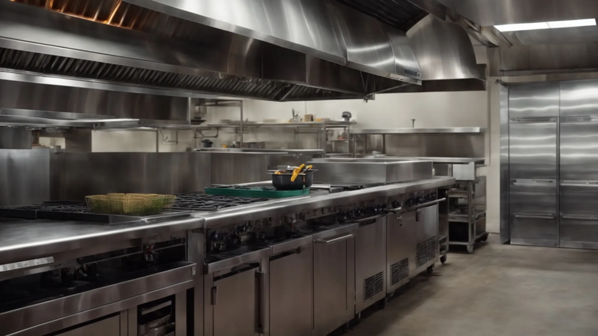 a commercial kitchen glowing with cleanliness after a thorough hood and exhaust system cleaning session.