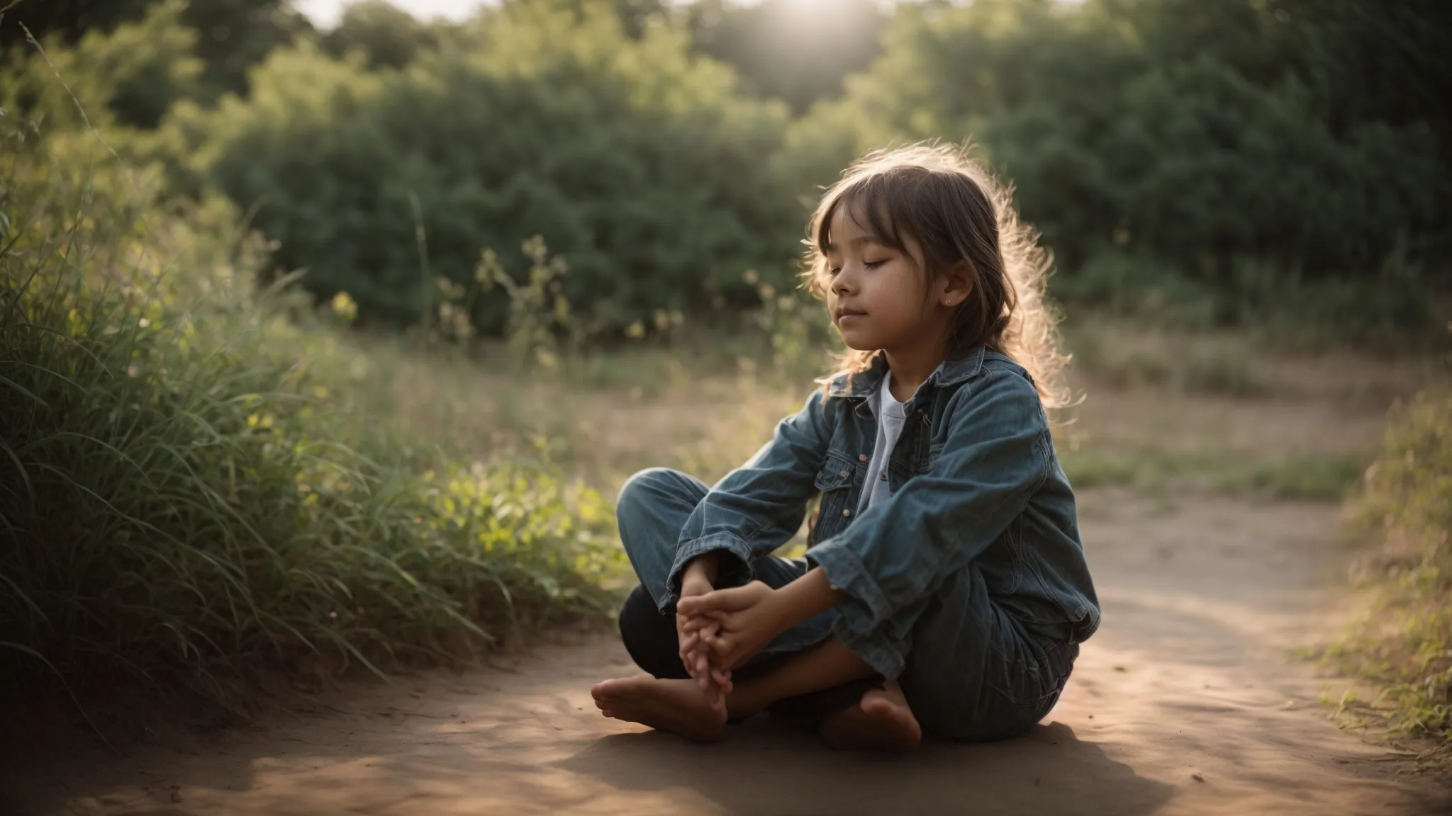 a child sits cross-legged in a tranquil outdoor setting, eyes closed in peaceful meditation.