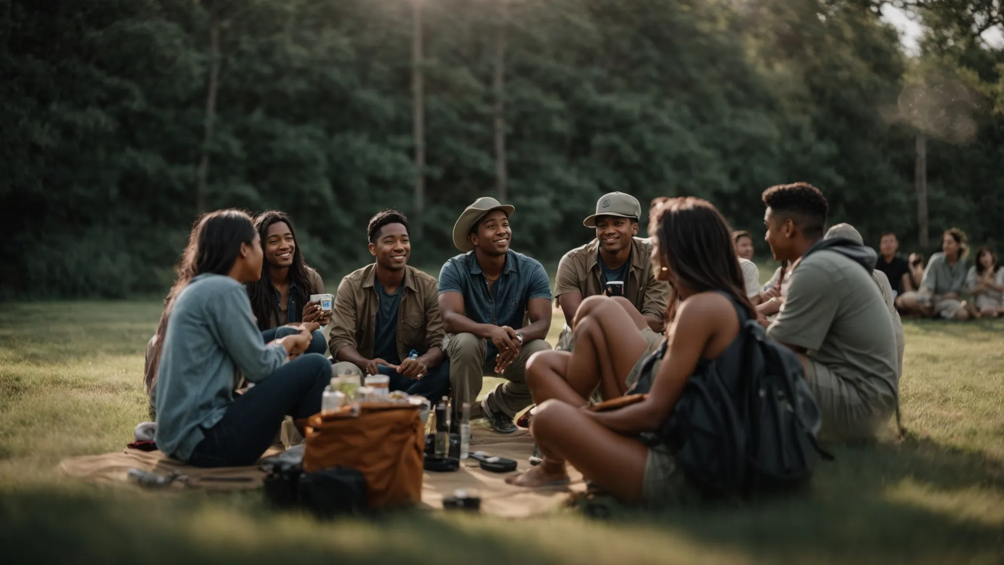 a group of satisfied customers sitting in a circle, engaging in a lively discussion about their positive experiences with a vape product.