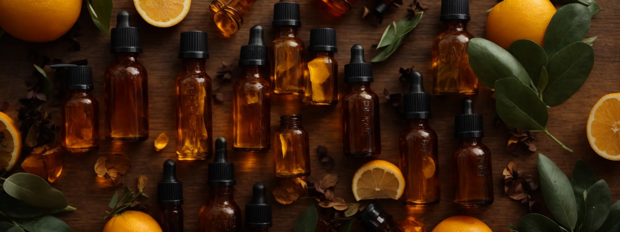 a collection of amber bottles with droppers, each labeled with different essential oil names, sits on a wooden surface surrounded by eucalyptus leaves and citrus slices.