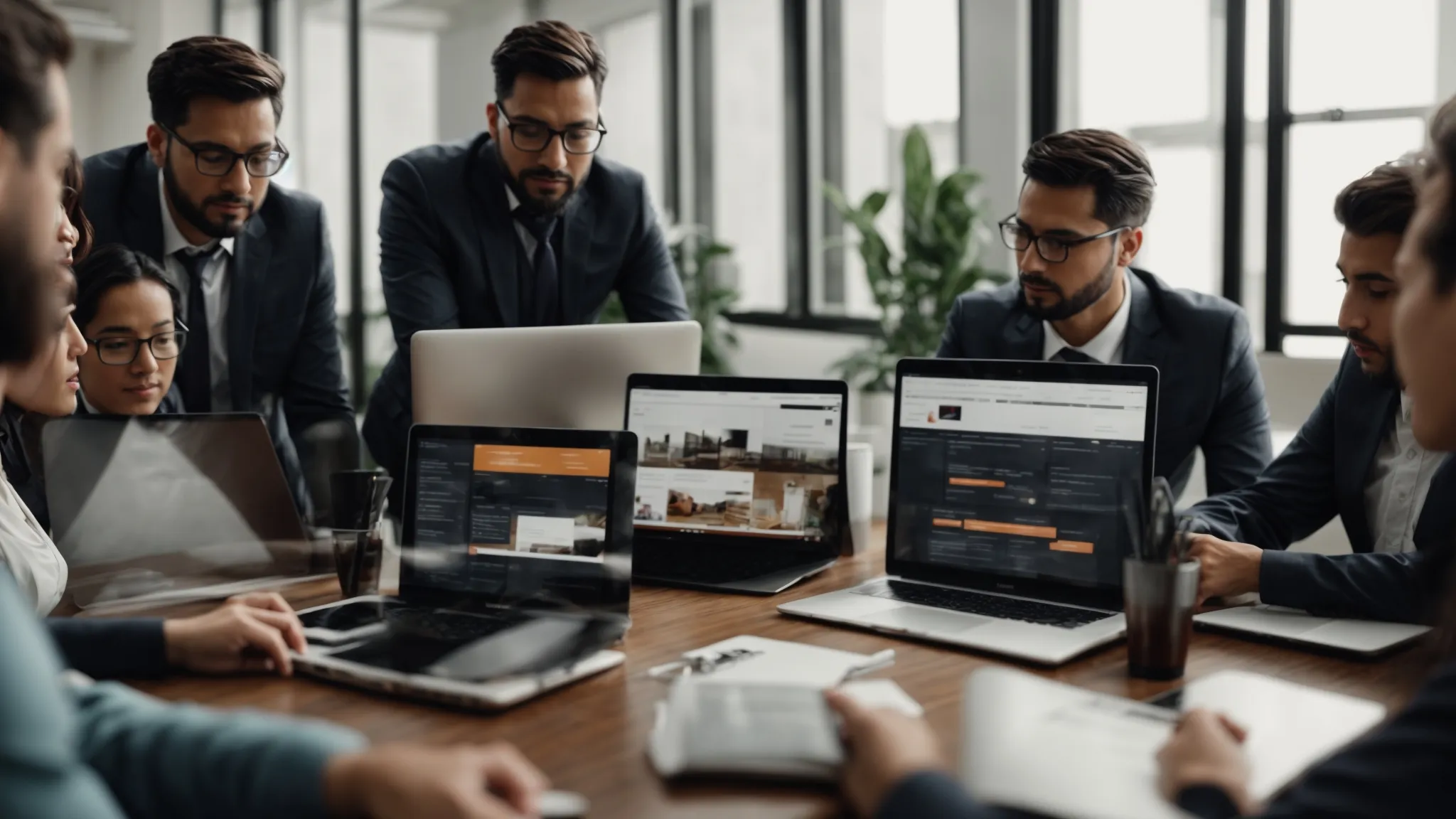 a digital marketing team gathers around a conference table, focusing on a laptop displaying analytics, symbolizing strategic planning for content updates.