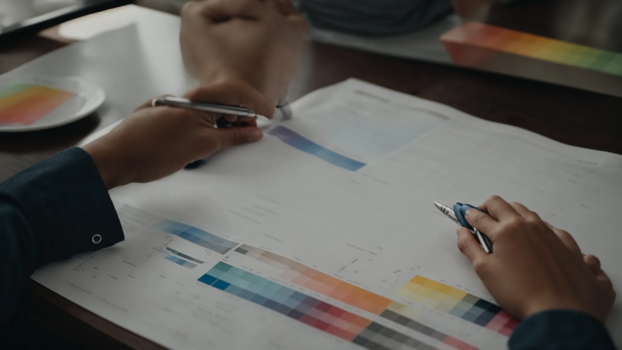 a person studying a blueprint spread out on a table, with color swatches and a calculator nearby.