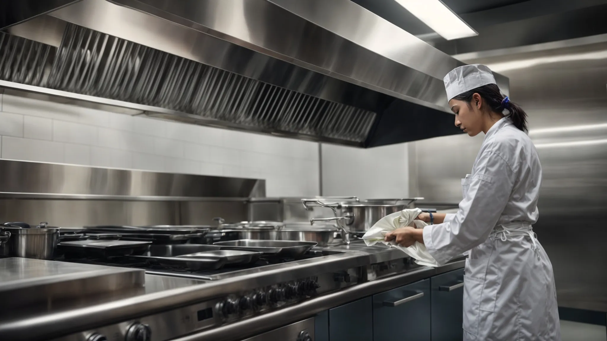 a professional kitchen staff member cleans a large stainless steel kitchen hood, illustrating commitment to cleanliness and health standards.