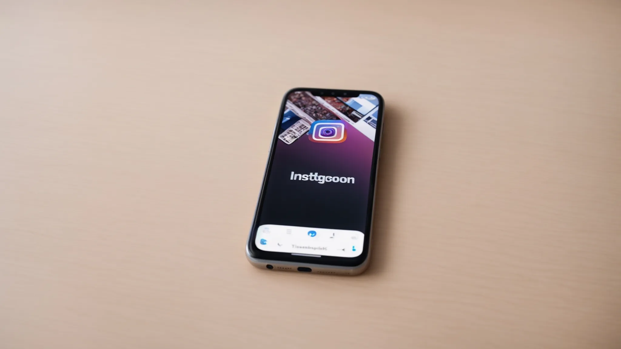 a smartphone displaying the instagram and facebook logos side by side on its screen, placed on a minimalist, clean desk surface.