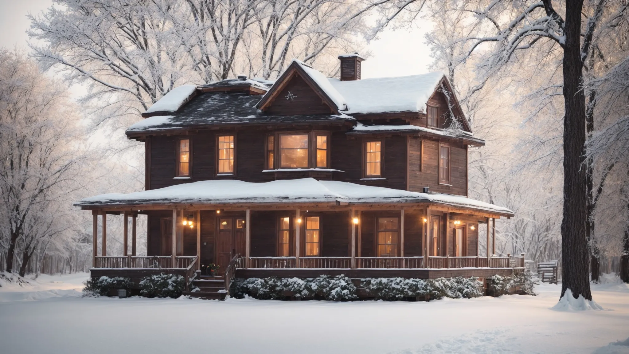 a cozy, well-maintained older house stands firm against a snowy winter backdrop, symbolizing warmth and energy efficiency.