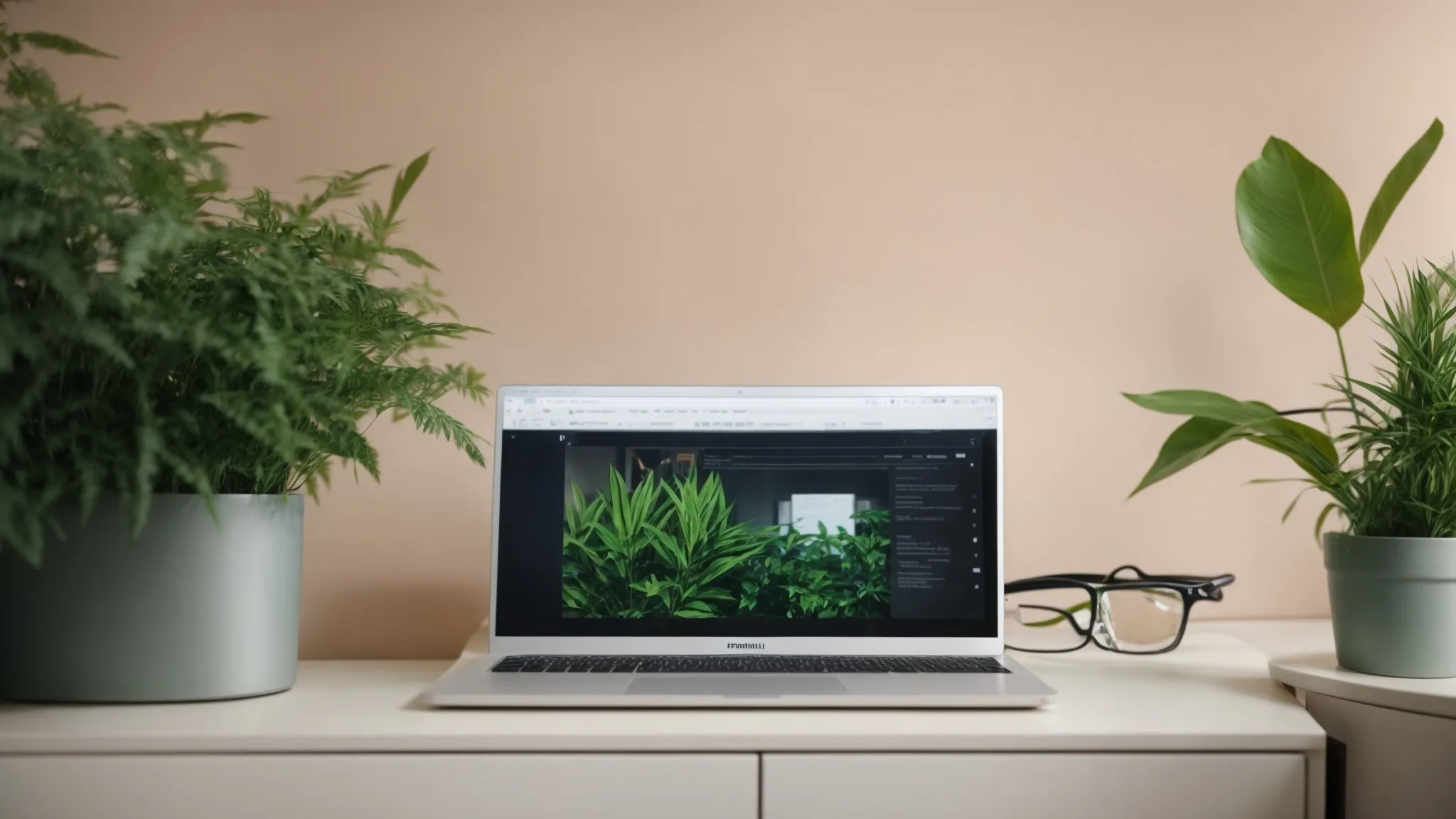 a laptop with articles on the screen, set against the backdrop of a small plant to symbolize sustainability and technology merging.