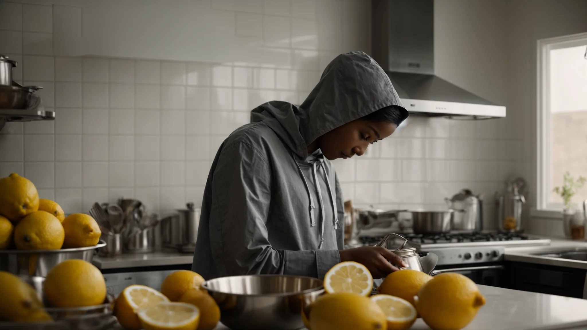 a person stands in a kitchen, wiping a stainless steel hood with a cloth, beside a bowl of lemons and baking soda.