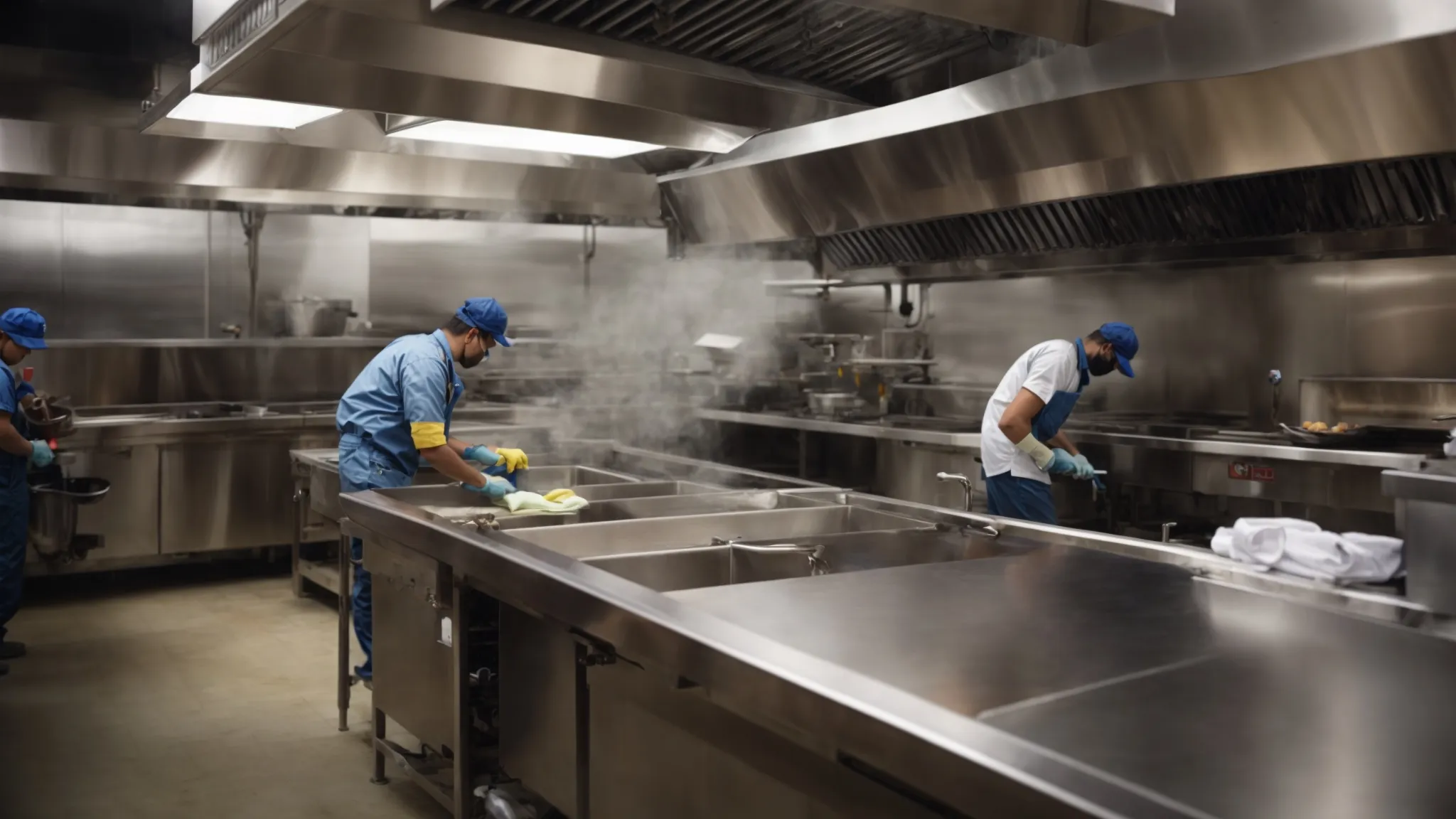 a team of workers efficiently cleaning the large exhaust hood over a fast food kitchen during off-hours.