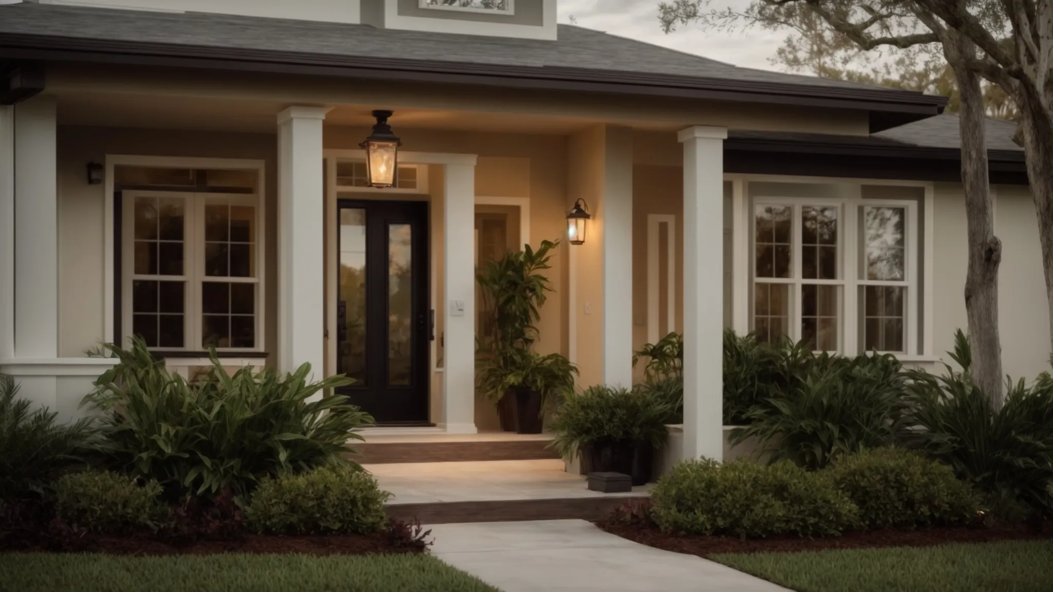 Create an image of a beautifully landscaped front yard with a freshly painted front door and new exterior lighting, showcasing the curb appeal of a Florida house ready to be sold quickly.