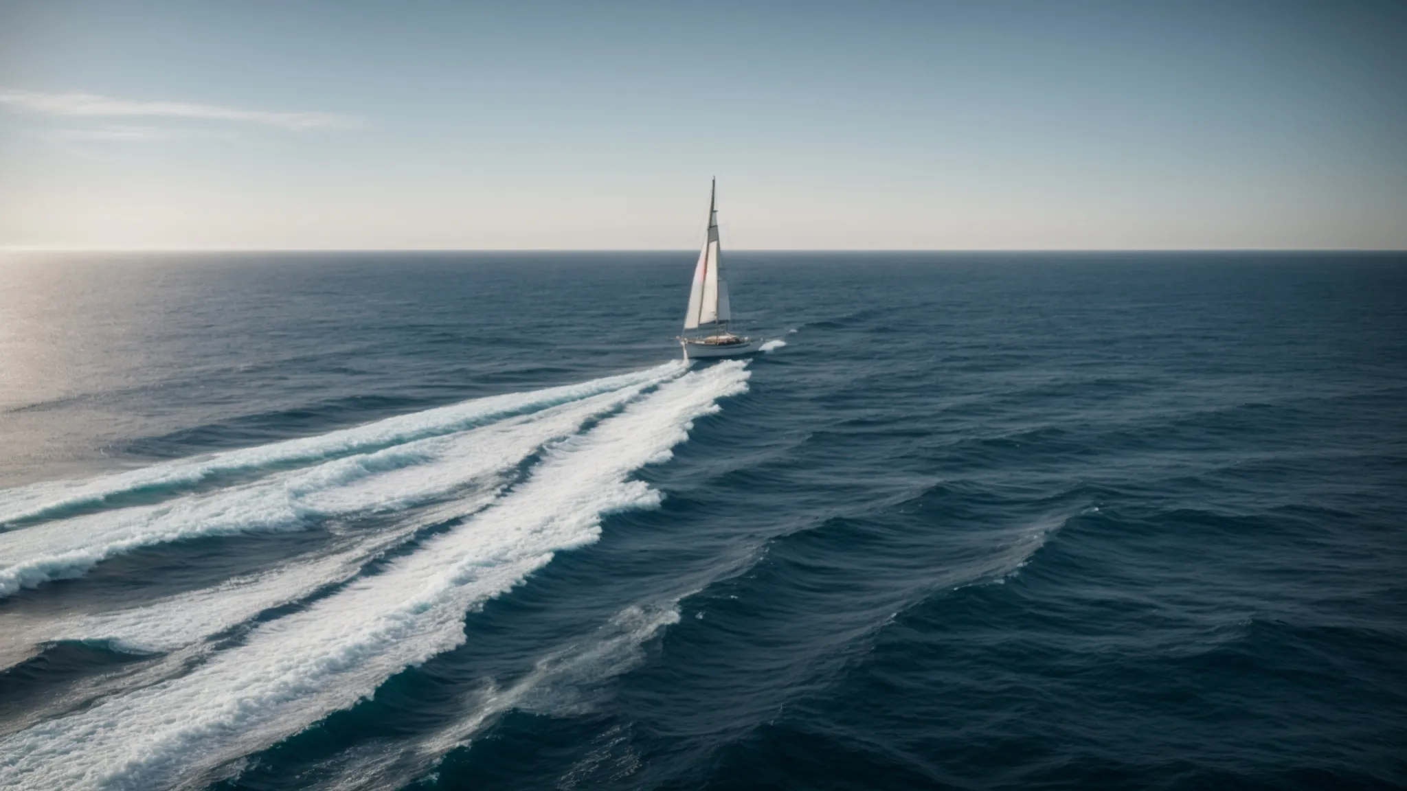 a wide, open ocean with a modern sailboat navigating under a clear sky, symbolizing exploration and adaptation in a vast, changing digital landscape.