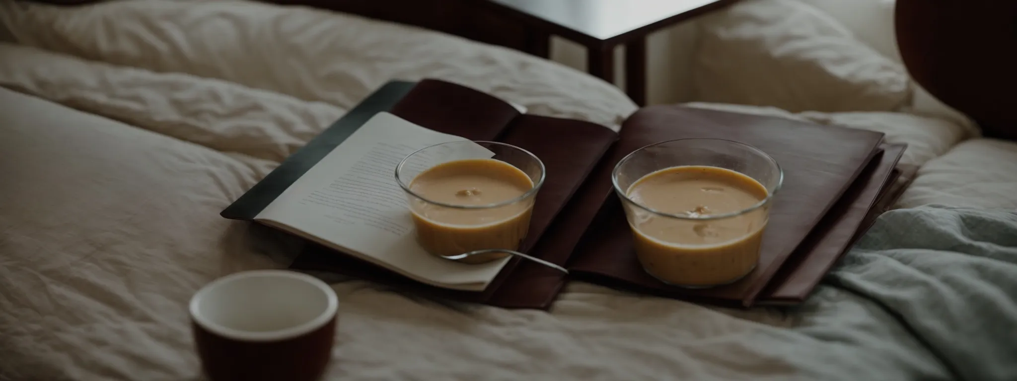 a bowl of pudding sits on a table beside a couch where a person is resting under a blanket, with a booklet and a pen on the armrest.