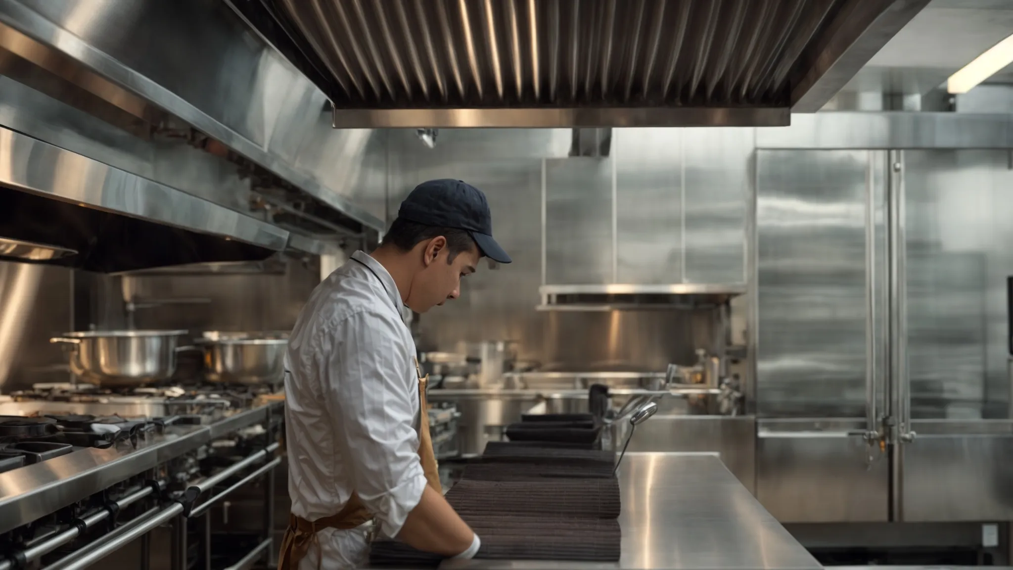 a restaurateur examines the gleaming kitchen exhaust system after a professional cleaning service visit.