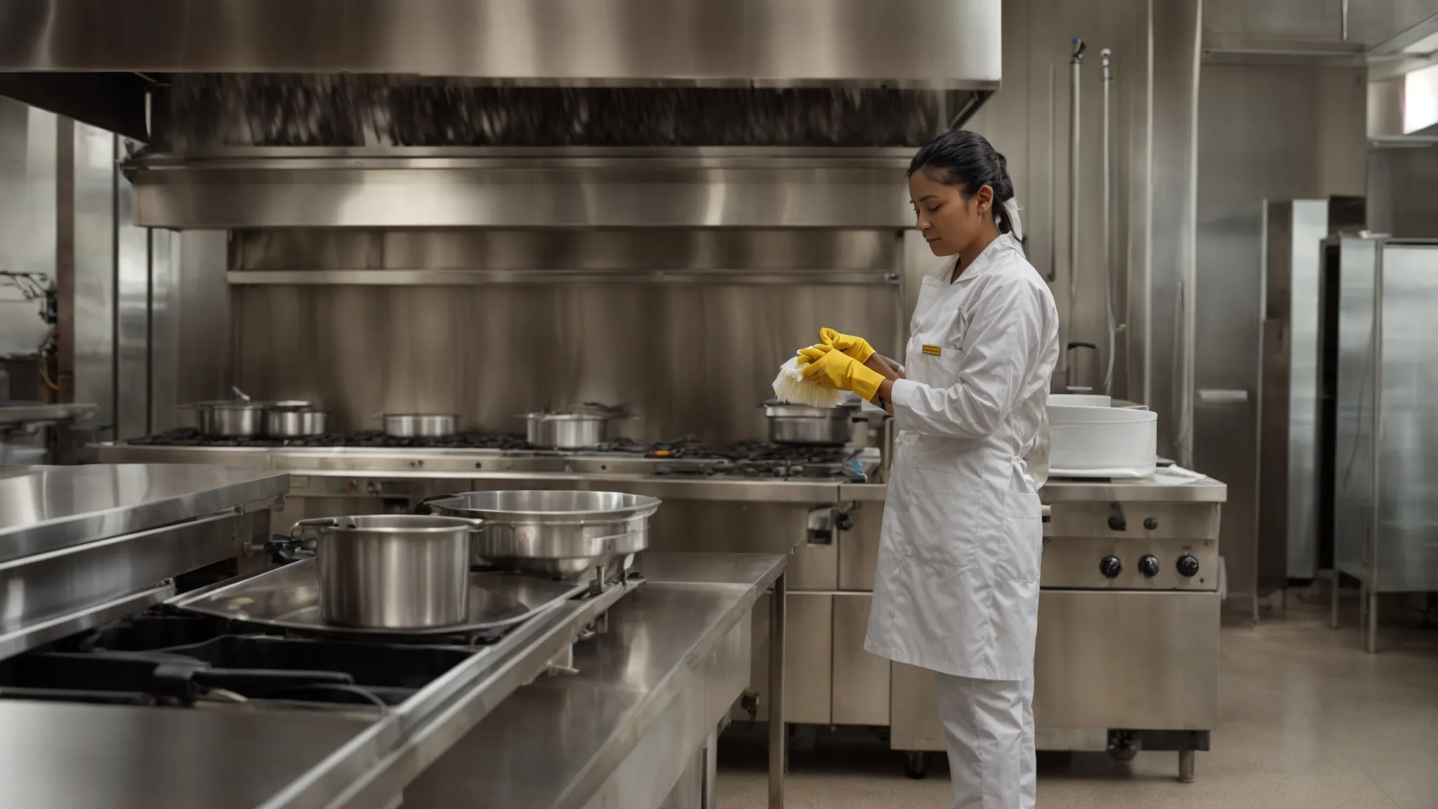 a professional cleaner in a commercial kitchen stands before a gleaming stainless-steel hood, bottle of cleaner in hand, ready to apply it.