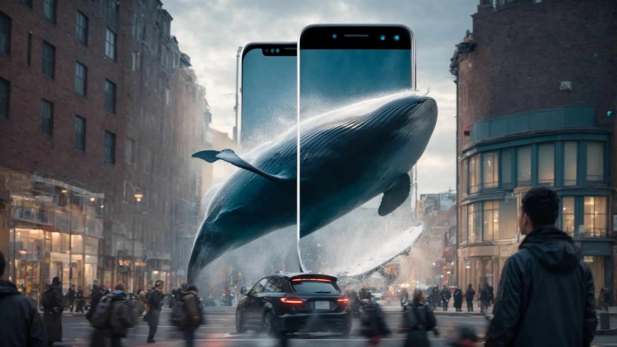a person watches in awe as a whale leaps out of a virtual ocean projected onto a city street through their smartphone screen.
