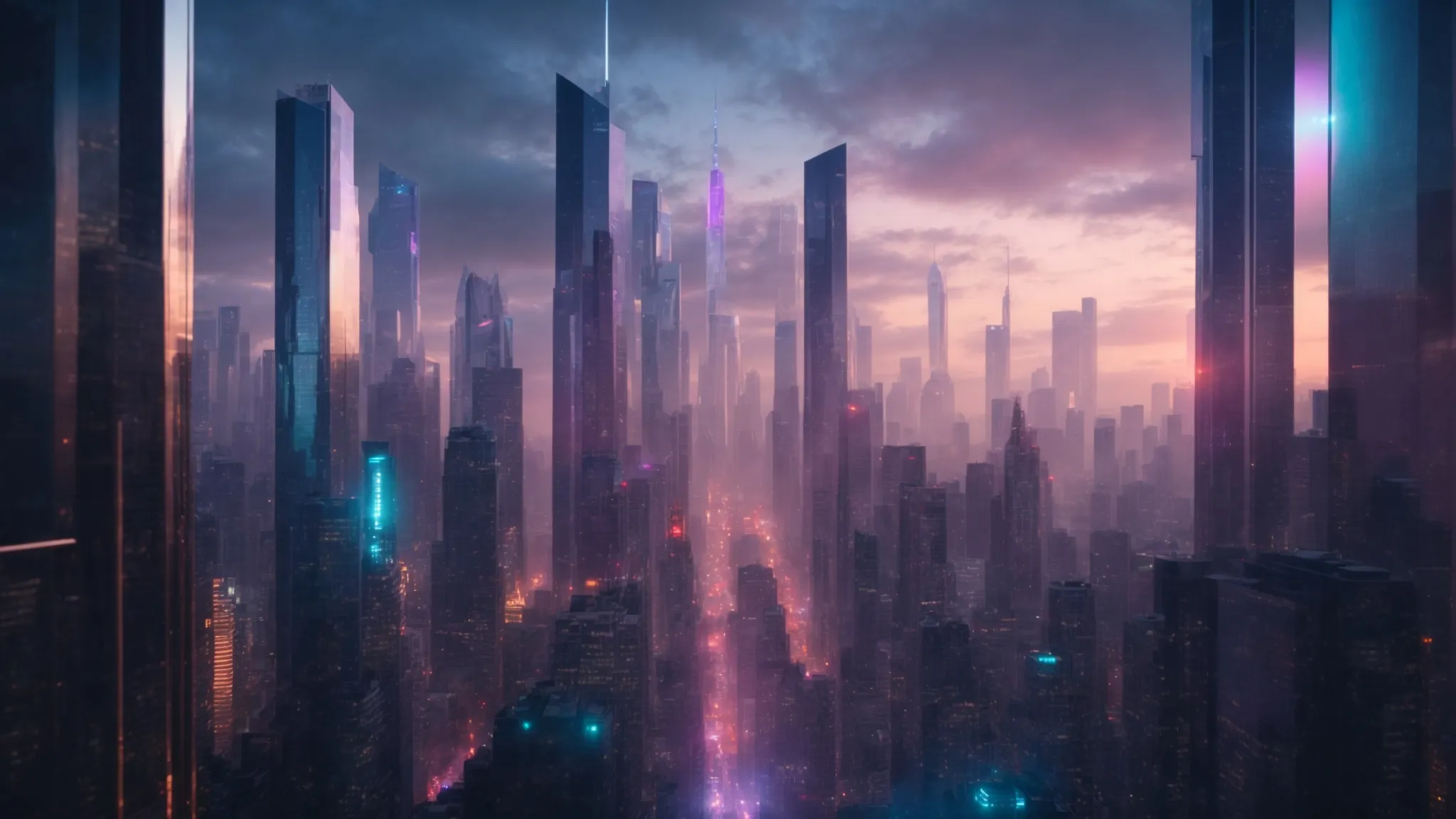 a futuristic cityscape at dusk, where holographic displays vividly bring personalized marketing experiences to life amidst the towering skyscrapers.
