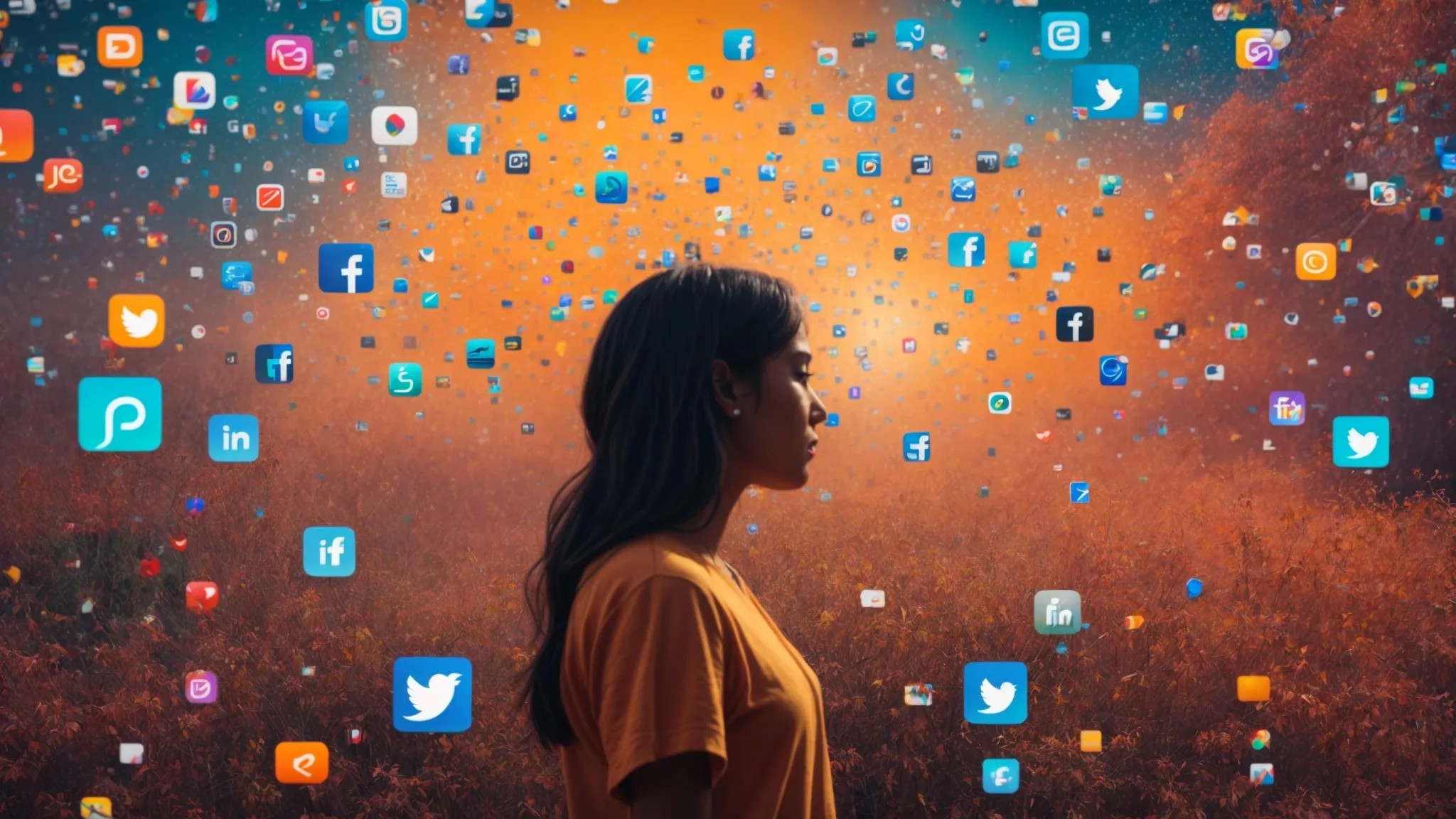 a person reflects on a dynamic collage of social media icons against a vibrant digital landscape, symbolizing the vibrant world of digital storytelling.