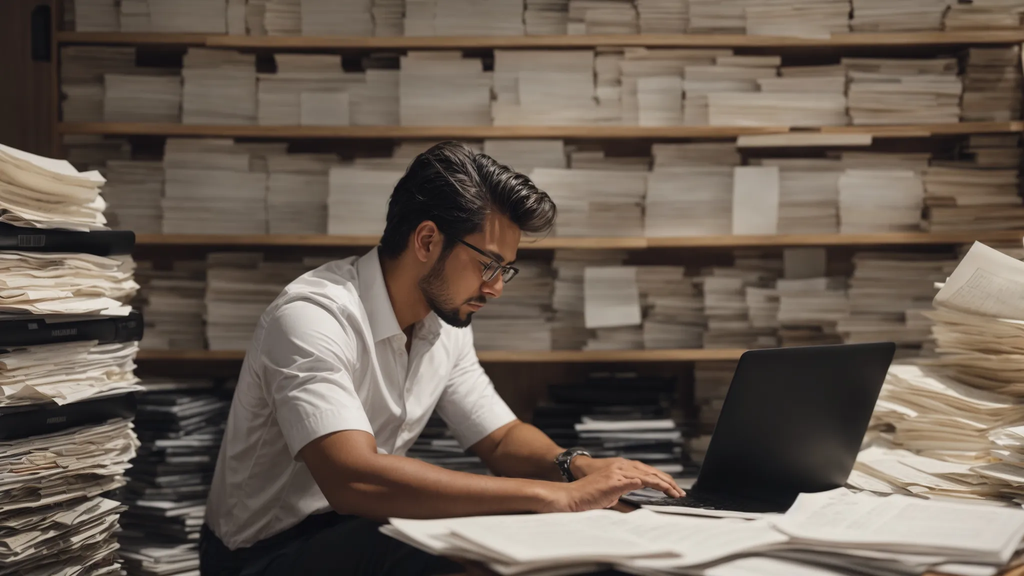 Create an image showcasing a person diligently researching on a laptop, surrounded by stacks of papers and a world map pinned with locations of local real estate investors.