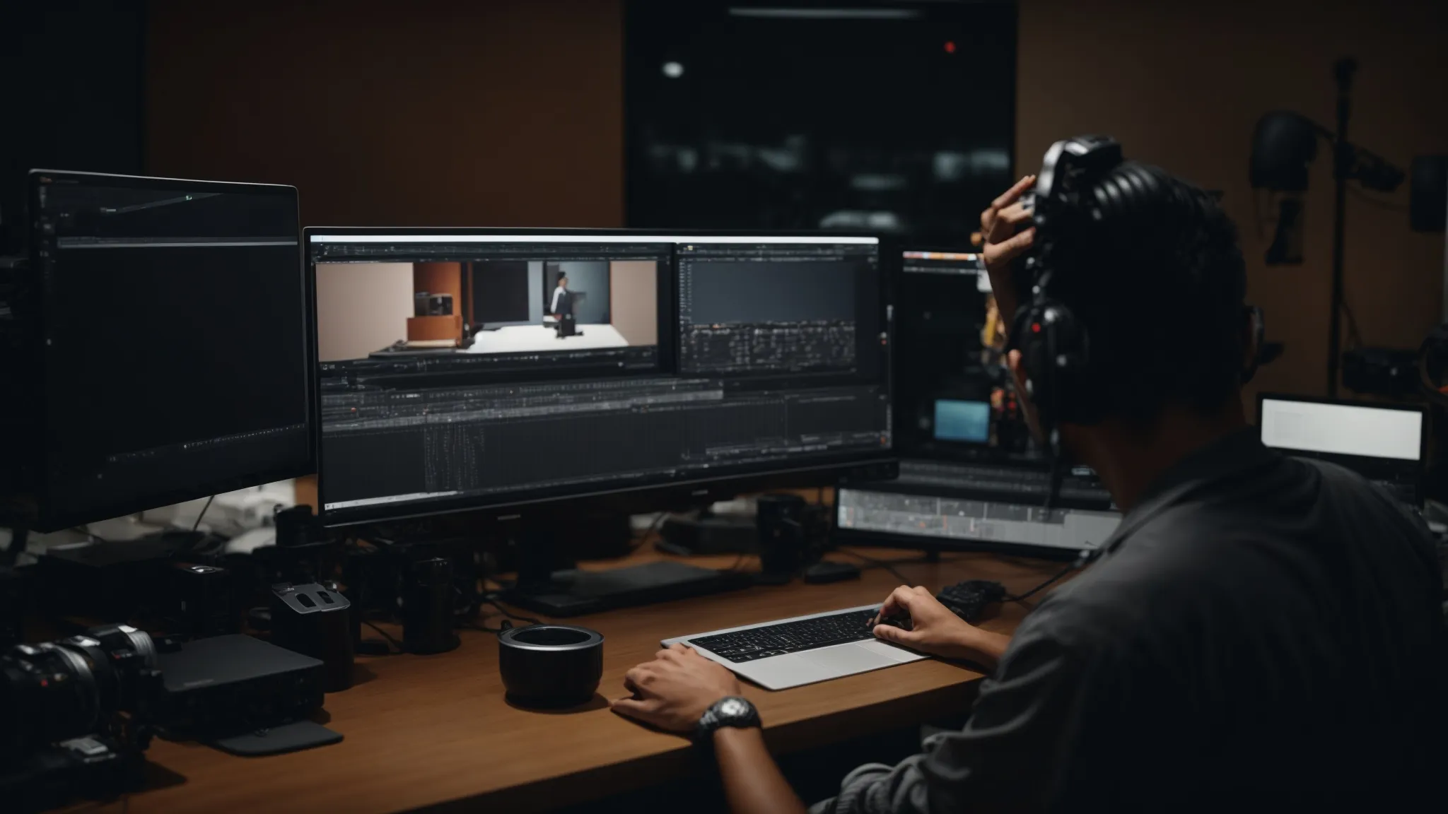 a person editing a video on a computer in a studio, surrounded by professional video equipment.