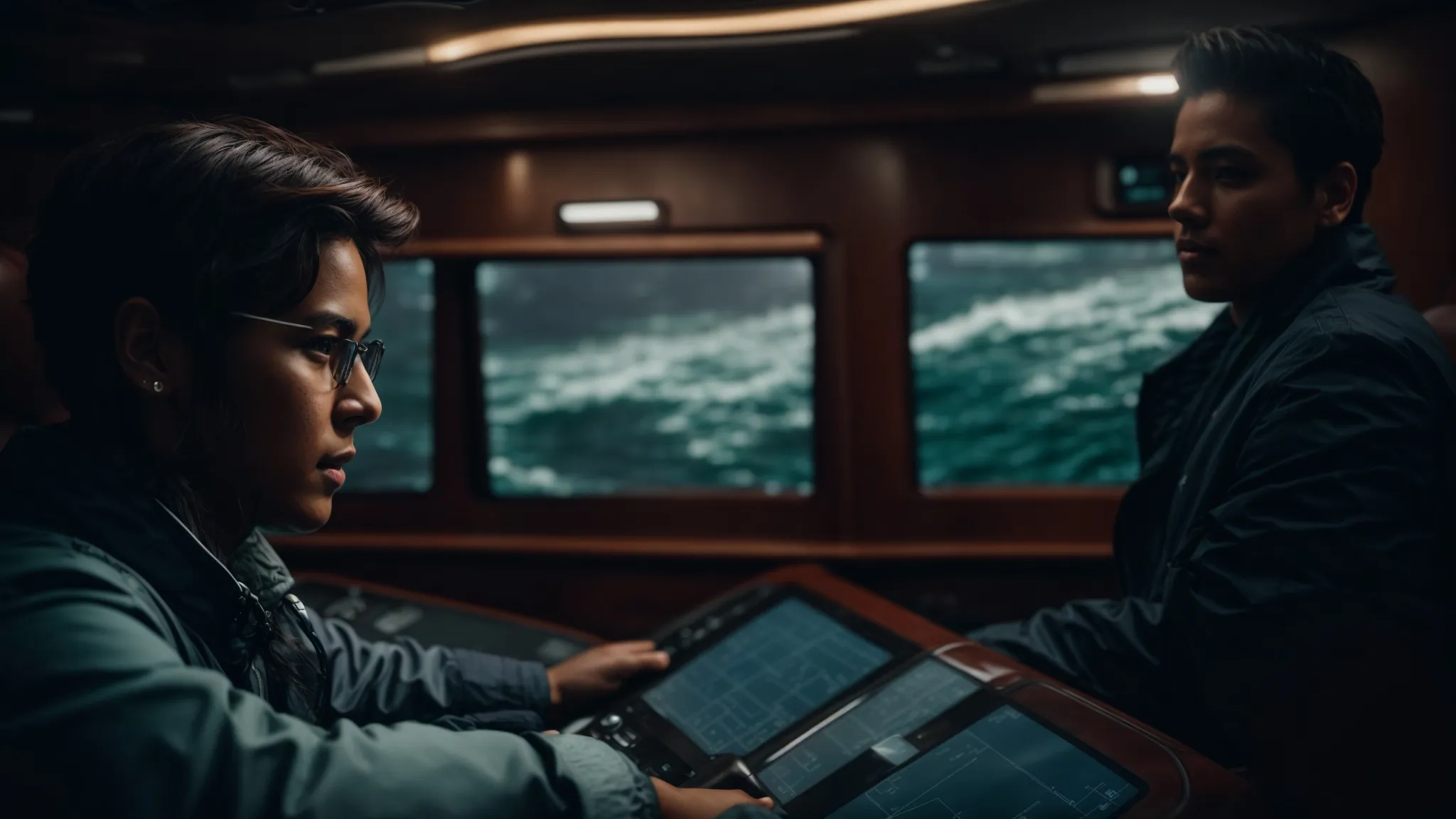 a determined navigator steering a ship through stormy digital waters, focused on a glowing map display.