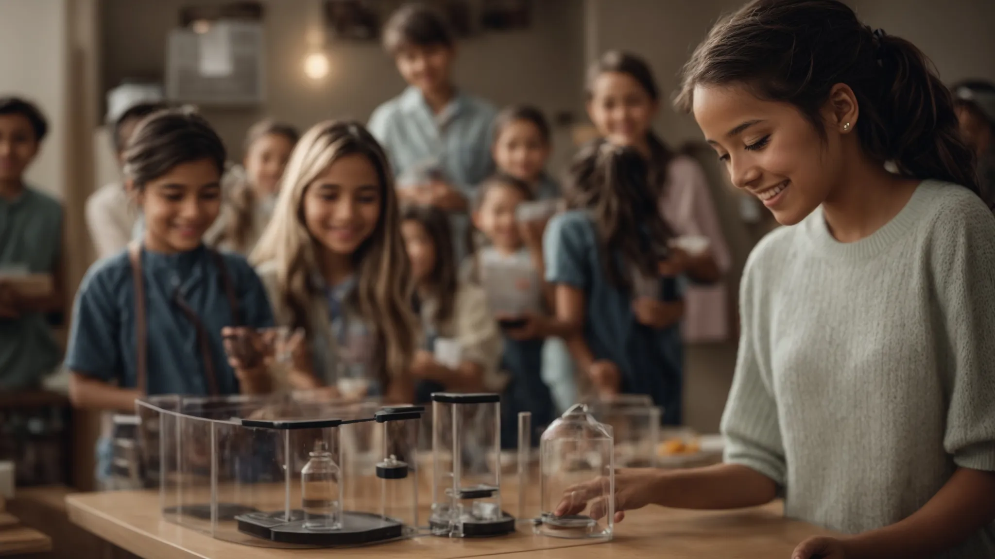 a girl joyfully exhibiting her science project, surrounded by family applauding her achievements.