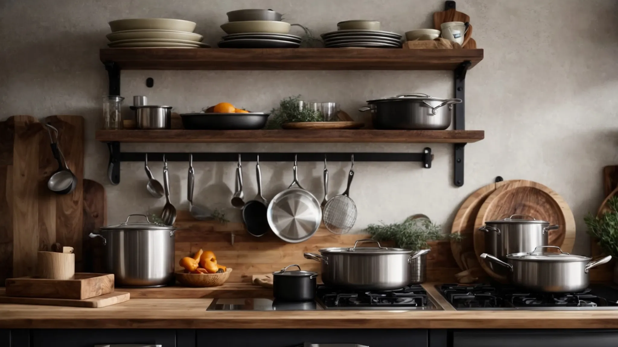 a modern kitchen features rustic wood shelves held by industrial metal brackets, displaying an array of cookware and decorative items.