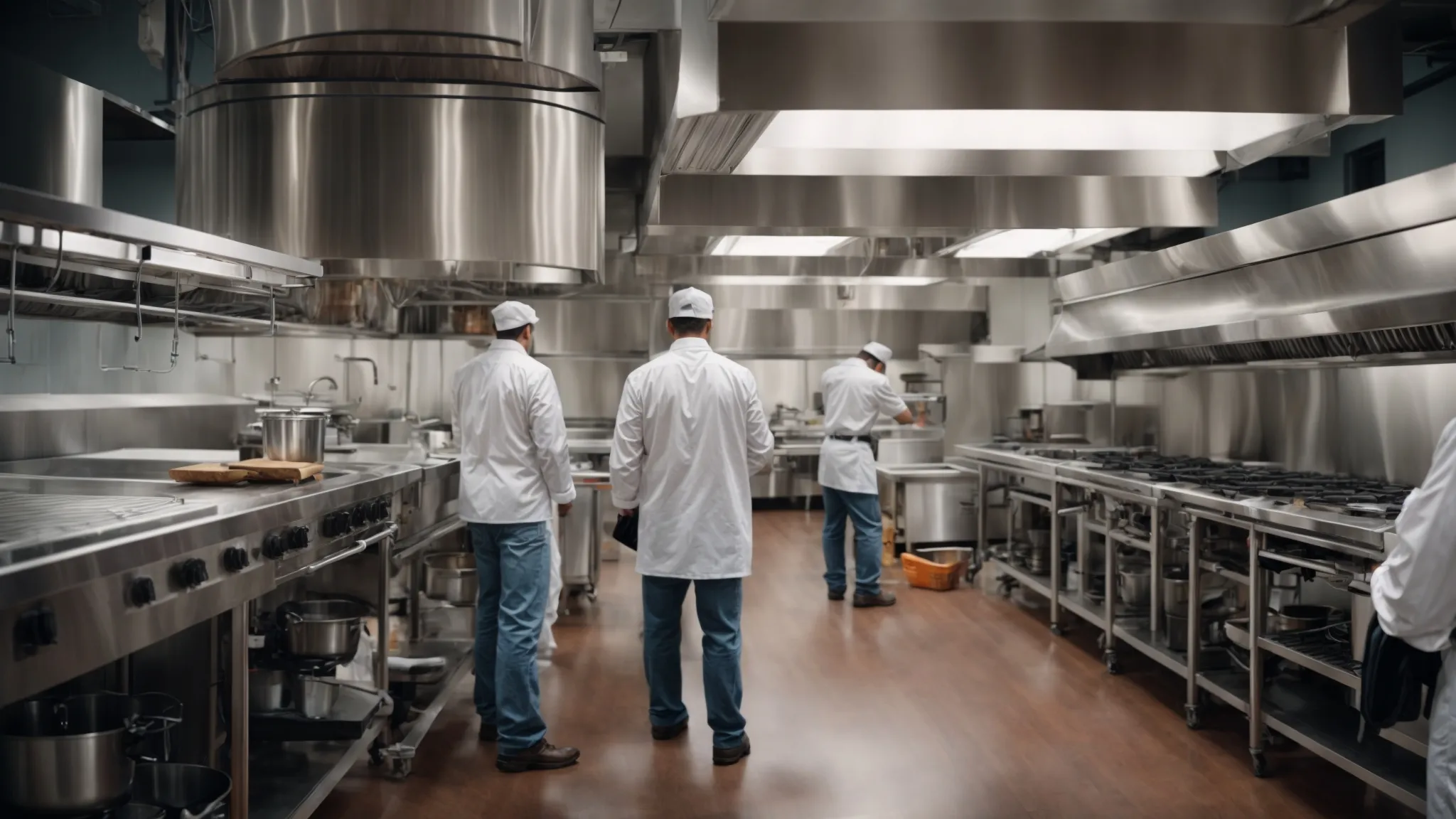 a professional team inspects a large commercial kitchen, evaluating the cleanliness of an exhaust system above stainless steel appliances.