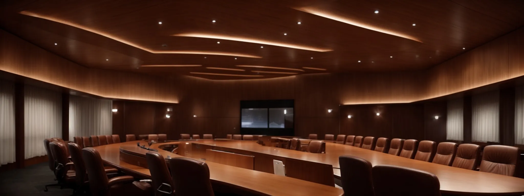 a sophisticated conference room with a large wooden table, surrounded by empty leather chairs, under the soft glow of overhead lights, waiting to host its next arbitral tribunal.