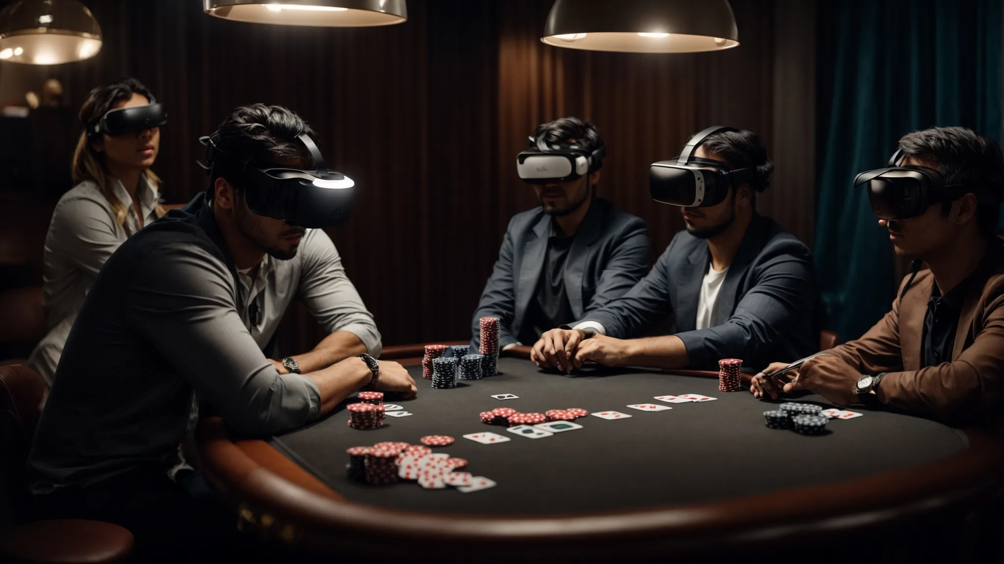 a group of people wearing vr headsets sits around an empty table, immersed in a competitive poker game.