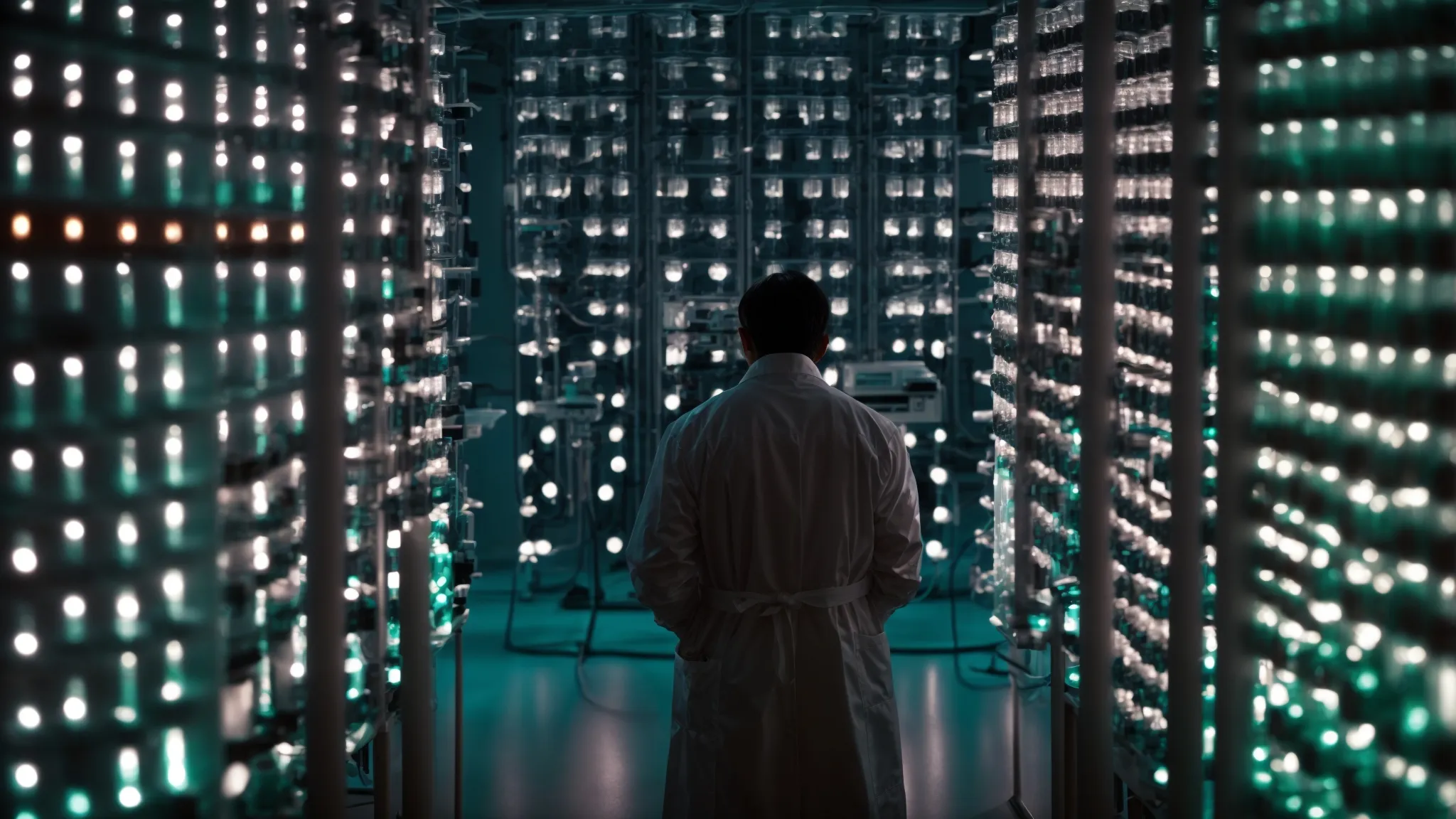 a scientist in a lab coat gazes intently at rows of test tubes containing advanced biologic therapies under the soft glow of laboratory lights.